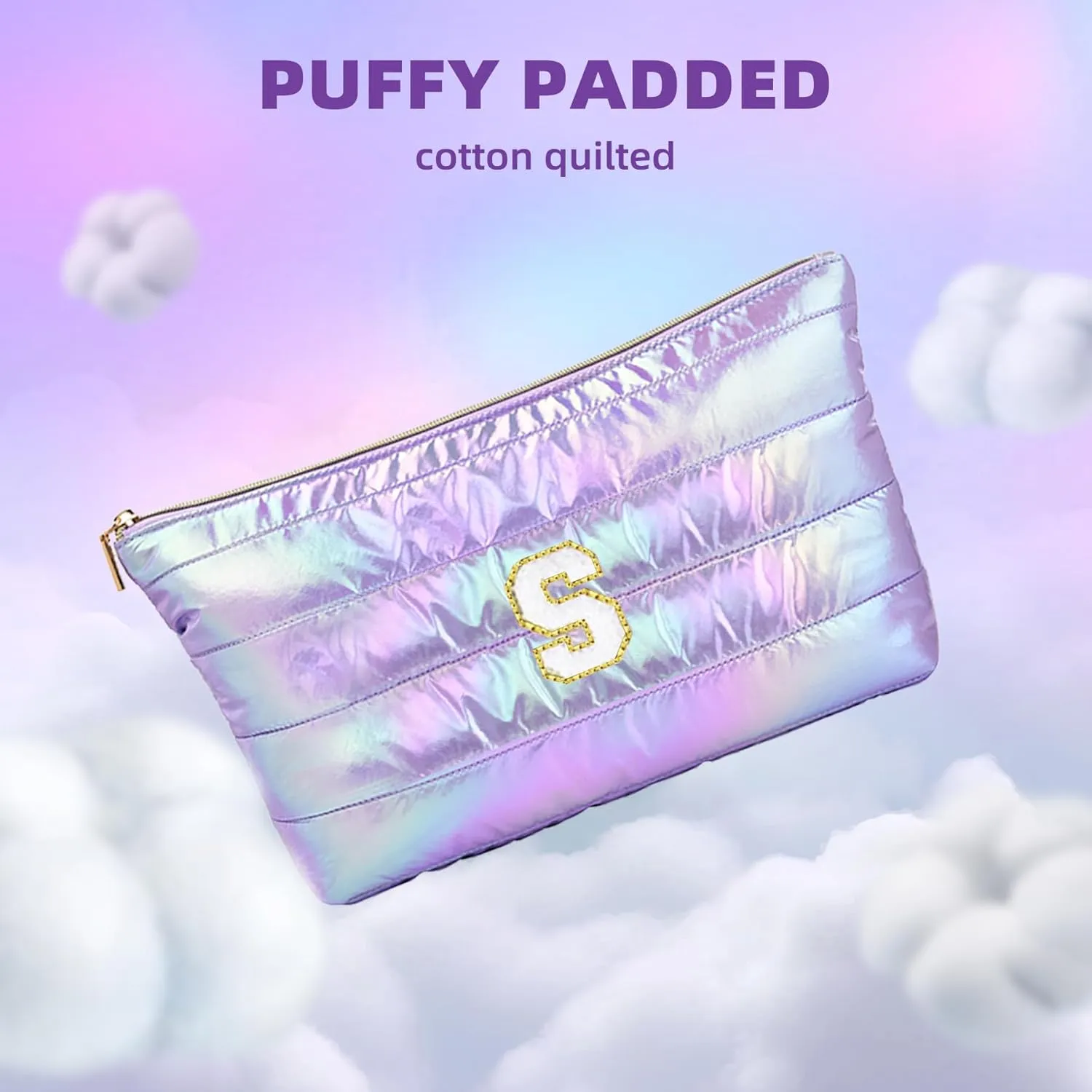 Personalized Initial Quilted Makeup Bag, Large Cute Cosmetic Bag, Cotton Iridescent Travel Toiletry Organizer Bags, Gifts for Girl Girlfriend Teen Girls Gift Trendy Stuff (S, purple)