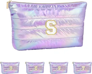 Personalized Initial Quilted Makeup Bag, Large Cute Cosmetic Bag, Cotton Iridescent Travel Toiletry Organizer Bags, Gifts for Girl Girlfriend Teen Girls Gift Trendy Stuff (S, purple)