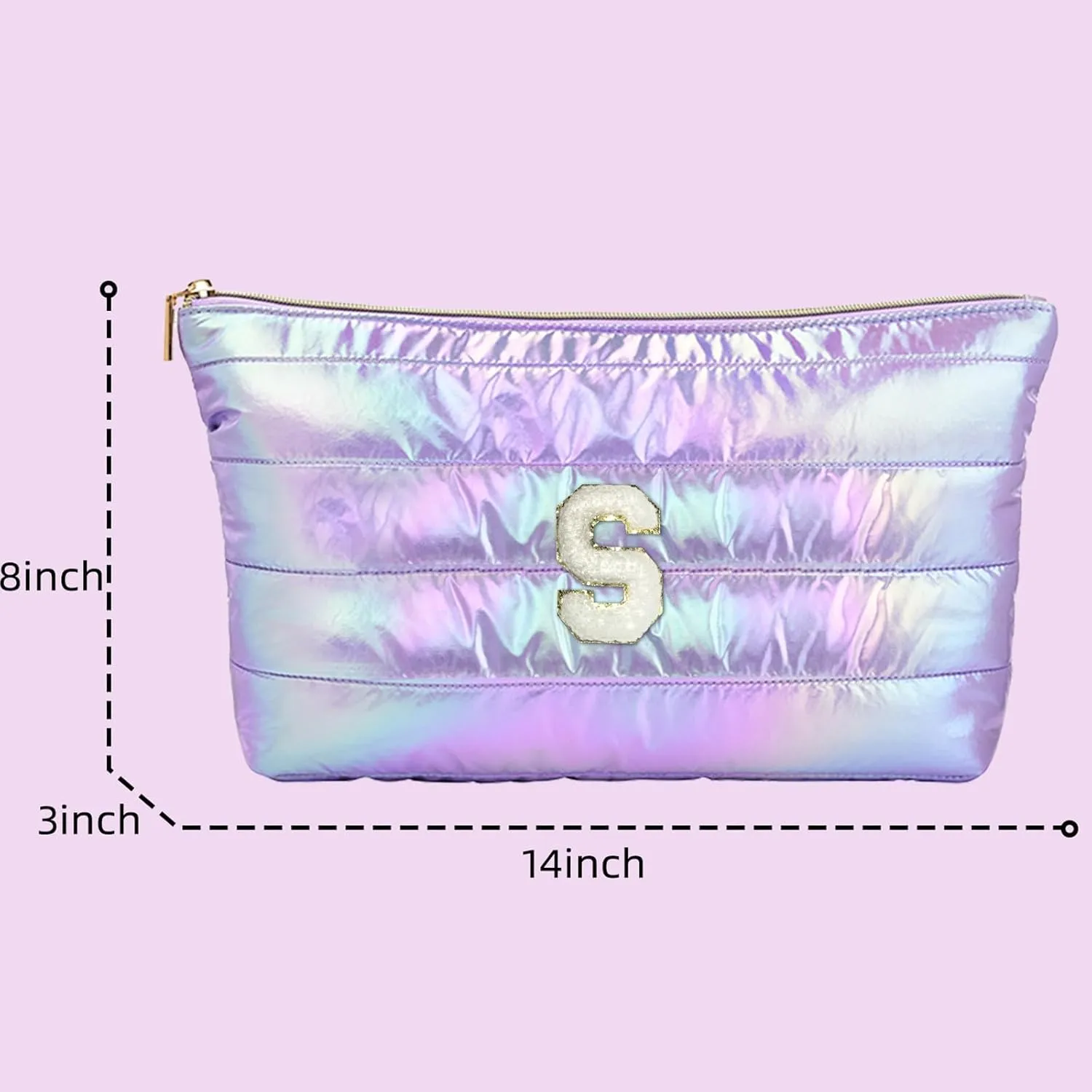 Personalized Initial Quilted Makeup Bag, Large Cute Cosmetic Bag, Cotton Iridescent Travel Toiletry Organizer Bags, Gifts for Girl Girlfriend Teen Girls Gift Trendy Stuff (S, purple)