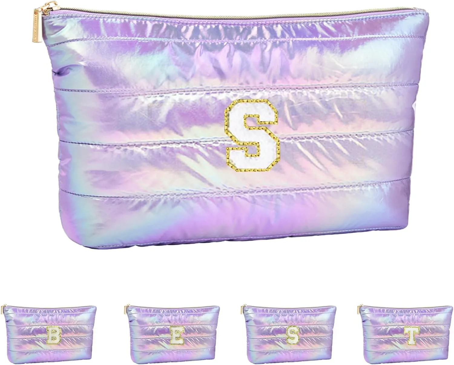 Personalized Initial Quilted Makeup Bag, Large Cute Cosmetic Bag, Cotton Iridescent Travel Toiletry Organizer Bags, Gifts for Girl Girlfriend Teen Girls Gift Trendy Stuff (S, purple)