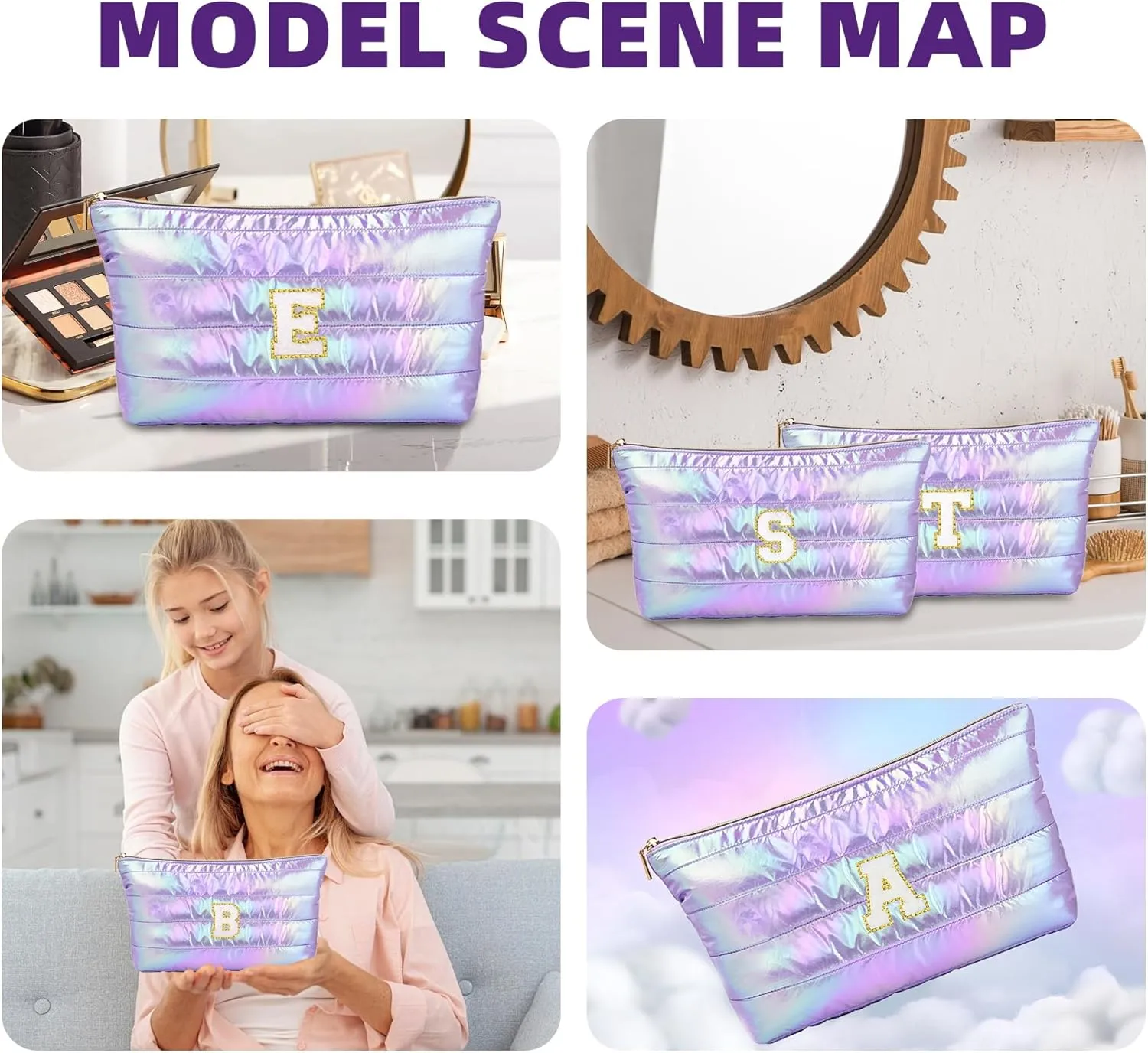 Personalized Initial Quilted Makeup Bag, Large Cute Cosmetic Bag, Cotton Iridescent Travel Toiletry Organizer Bags, Gifts for Girl Girlfriend Teen Girls Gift Trendy Stuff (S, purple)