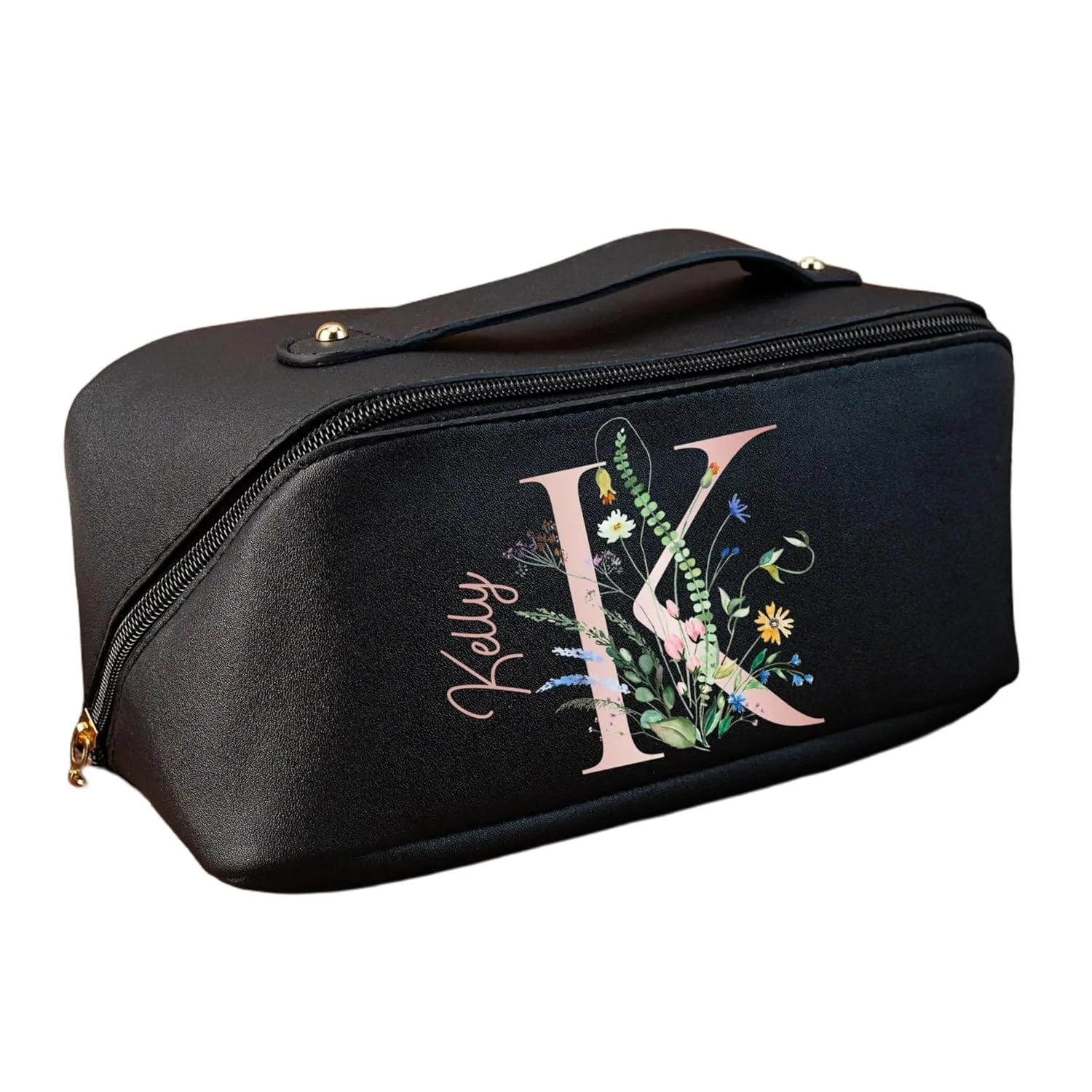 Personalized PU Leather Travel Makeup Bag Cosmetic Bag for Women, Large Capacity Initial Name Toiletry Bag, Portable Gifts for Bridesmaid Bride Wedding Graduation Valentine's Day(Pink)