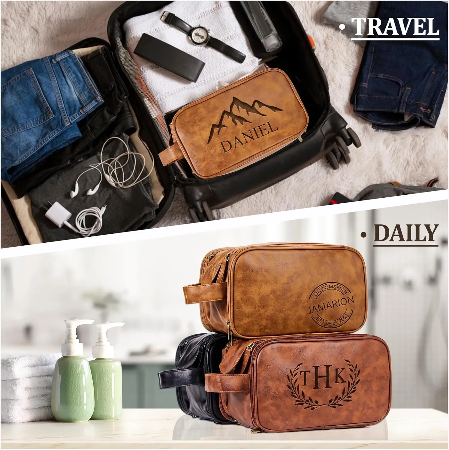 Personalized Travel Toiletry Bag for Men - Large Shaving Dopp Kit,Water-resistant Bathroom Toiletries Organizer,PU Leather Cosmetic Bags,Gifts for Him