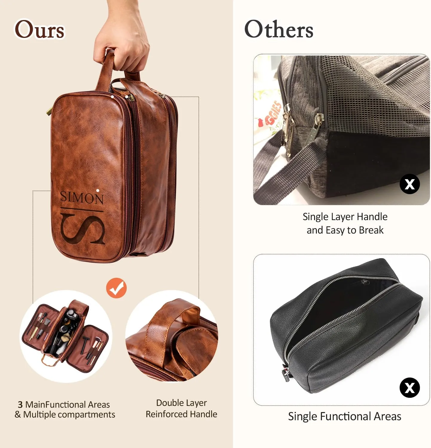 Personalized Travel Toiletry Bag for Men - Large Shaving Dopp Kit,Water-resistant Bathroom Toiletries Organizer,PU Leather Cosmetic Bags,Gifts for Him