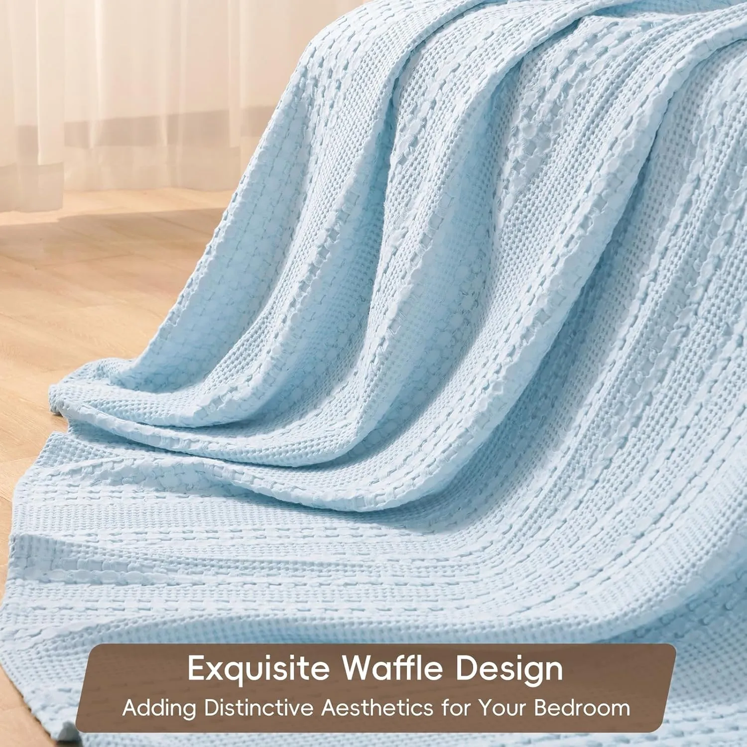 PHF 100% Cotton Waffle Weave Blanket King Size, Soft Lightweight Breathable Cozy Summer Blankets for Bed, Luxury Aesthetic Woven Bedding for Home Decor, 108"x90", Baby Blue