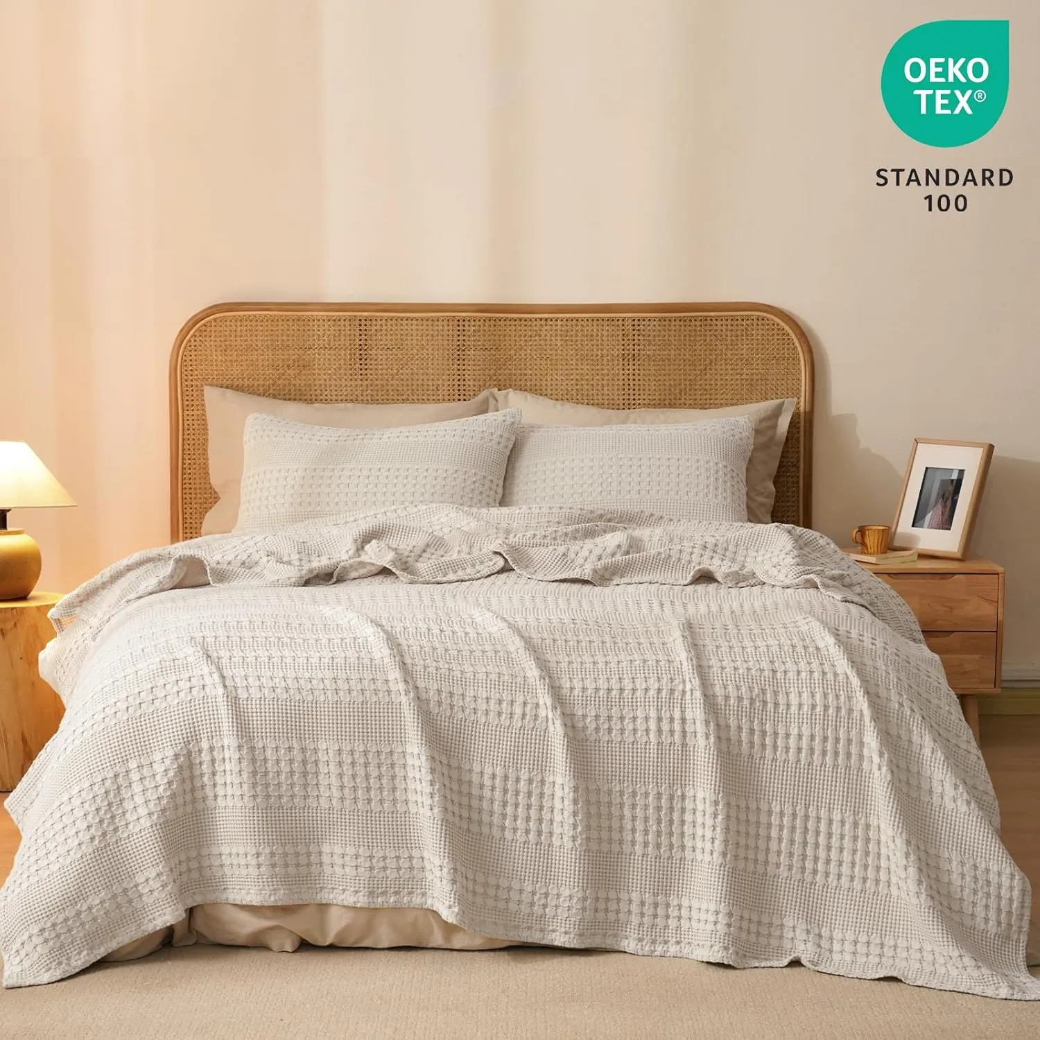 PHF 100% Cotton Waffle Weave Blanket King Size, Soft Lightweight Breathable Cozy Summer Blankets for Bed, Luxury Aesthetic Woven Bedding for Home Decor, 108"x90", Oatmeal