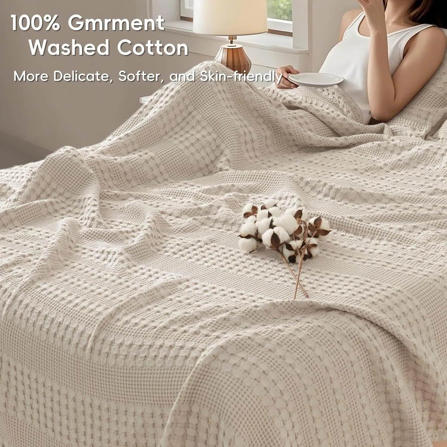 PHF 100% Cotton Waffle Weave Blanket King Size, Soft Lightweight Breathable Cozy Summer Blankets for Bed, Luxury Aesthetic Woven Bedding for Home Decor, 108"x90", Oatmeal