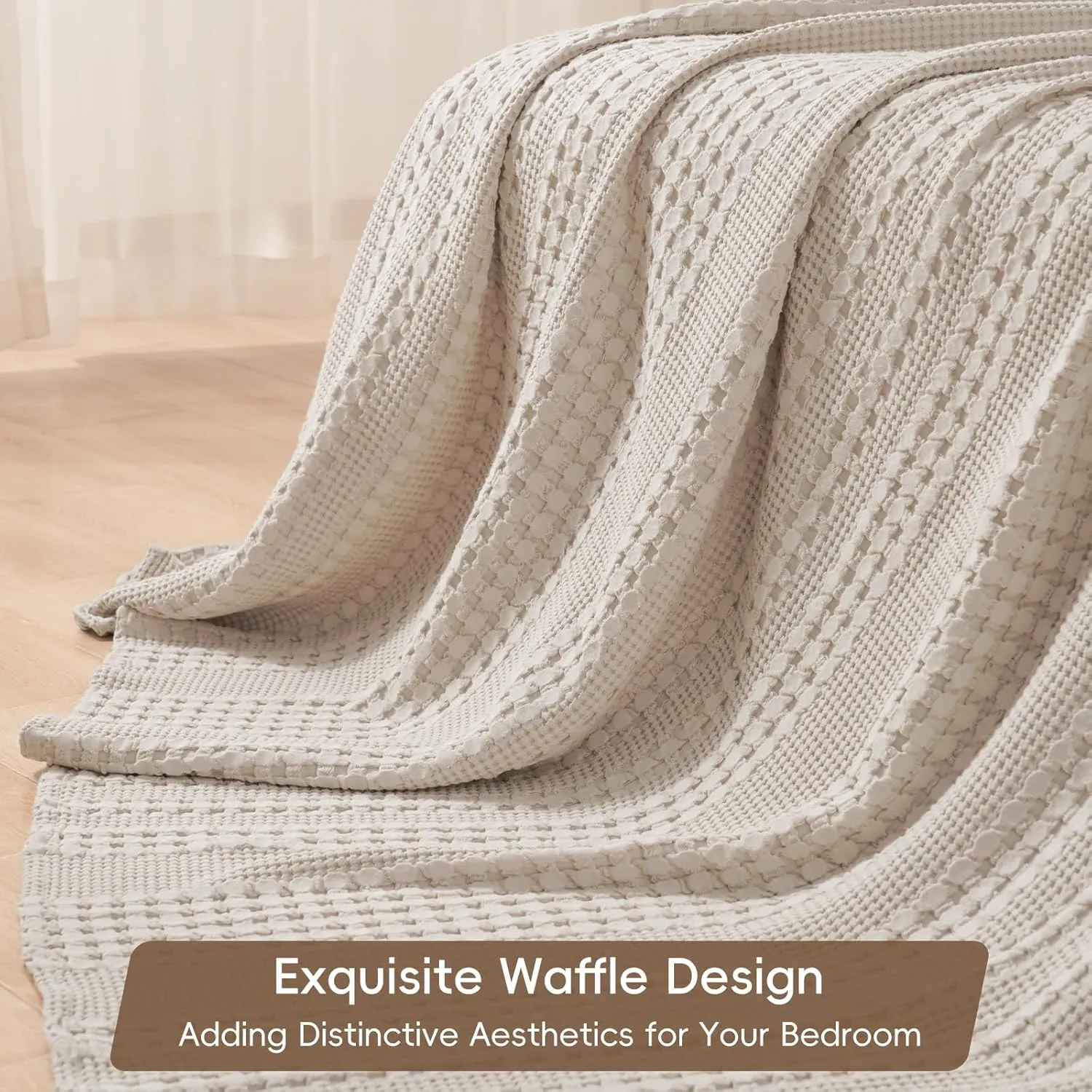 PHF 100% Cotton Waffle Weave Blanket King Size, Soft Lightweight Breathable Cozy Summer Blankets for Bed, Luxury Aesthetic Woven Bedding for Home Decor, 108"x90", Oatmeal