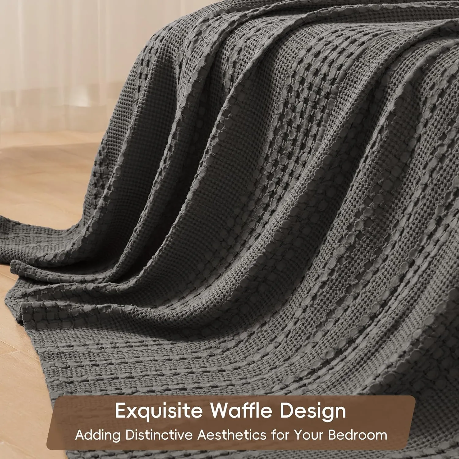 PHF 100% Cotton Waffle Weave Blanket Queen Size, Soft Lightweight Breathable Cozy Summer Blankets for Bed, Luxury Aesthetic Woven Bedding for Home Decor, 90"x90", Charcoal Grey