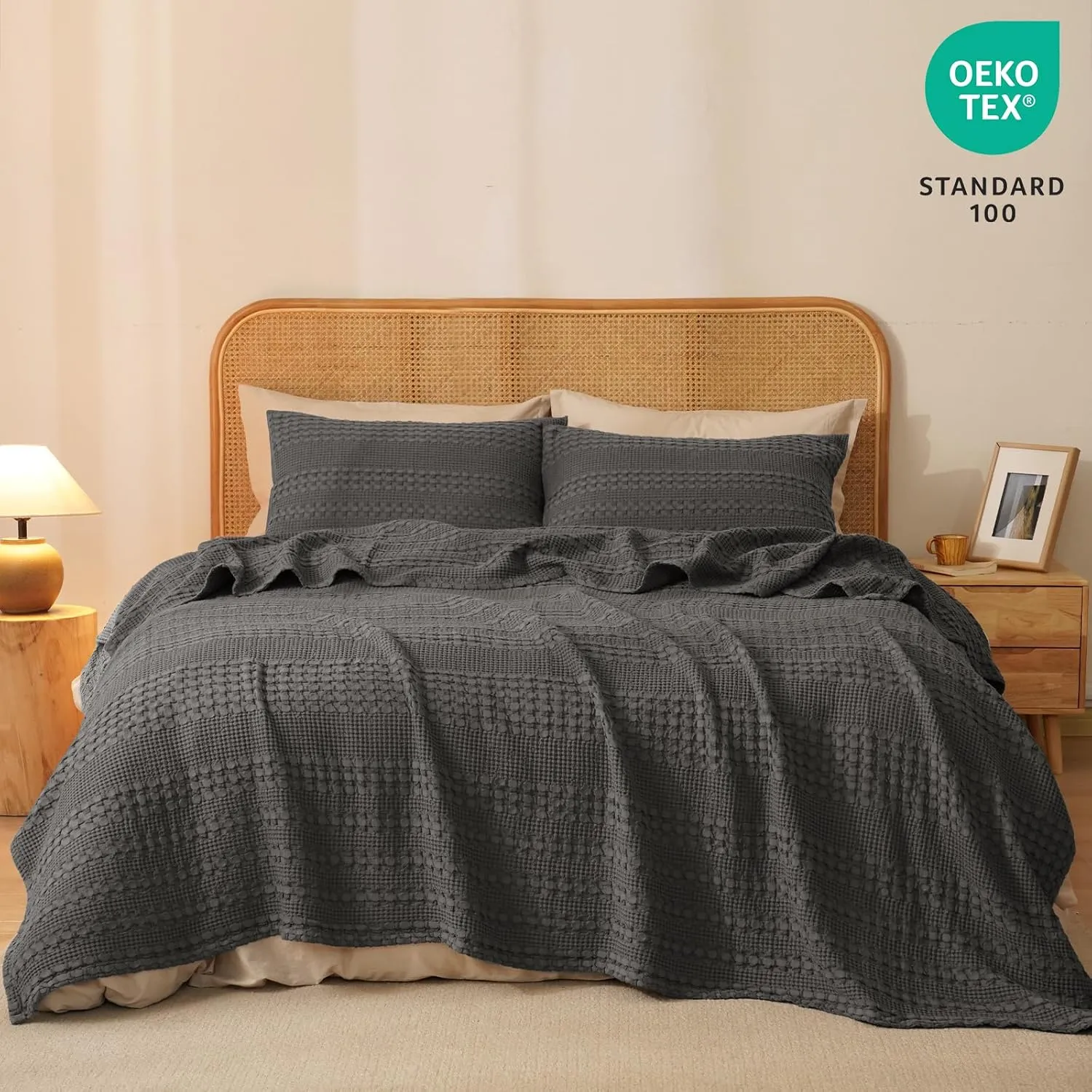 PHF 100% Cotton Waffle Weave Blanket Queen Size, Soft Lightweight Breathable Cozy Summer Blankets for Bed, Luxury Aesthetic Woven Bedding for Home Decor, 90"x90", Charcoal Grey
