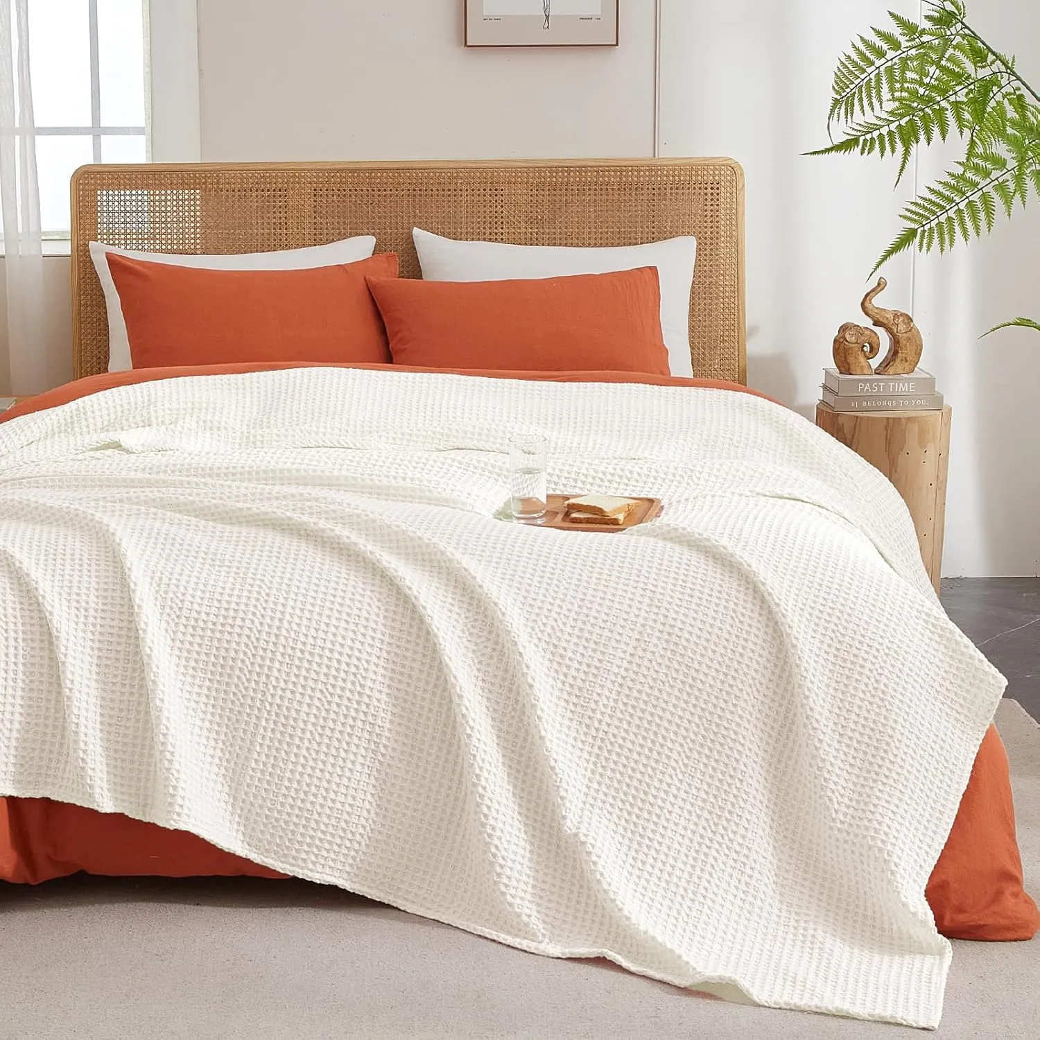 PHF Ultra Soft Waffle Weave Blanket Queen Size 90"x 90"- Washed Lightweight Breathable Cozy Woven Blanket for Bed - Aesthetic Decor for Couch Bedding Sofa Home Car - Coconut White