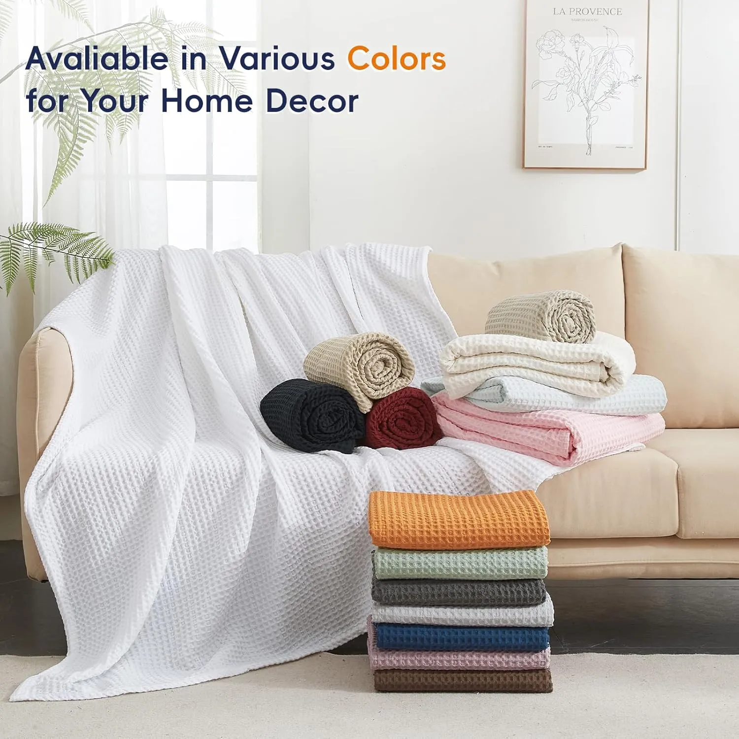 PHF Ultra Soft Waffle Weave Blanket Queen Size 90"x 90"- Washed Lightweight Breathable Cozy Woven Blanket for Bed - Aesthetic Decor for Couch Bedding Sofa Home Car - Coconut White