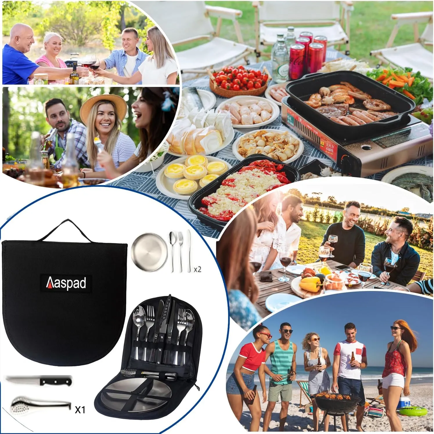 Picnic Cutlery Kit with Portable Case Camping Essentials Silverware Set Travel Utensils Outdoor Tableware Stainless Steel Flatware with Forks,Spoons,Serrated Knife,Food Clip,Plates (Sliver)