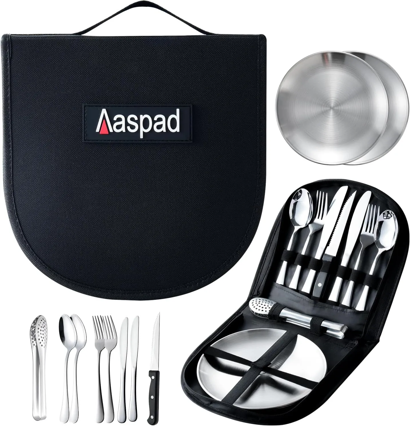 Picnic Cutlery Kit with Portable Case Camping Essentials Silverware Set Travel Utensils Outdoor Tableware Stainless Steel Flatware with Forks,Spoons,Serrated Knife,Food Clip,Plates (Sliver)
