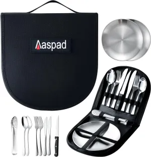 Picnic Cutlery Kit with Portable Case Camping Essentials Silverware Set Travel Utensils Outdoor Tableware Stainless Steel Flatware with Forks,Spoons,Serrated Knife,Food Clip,Plates (Sliver)