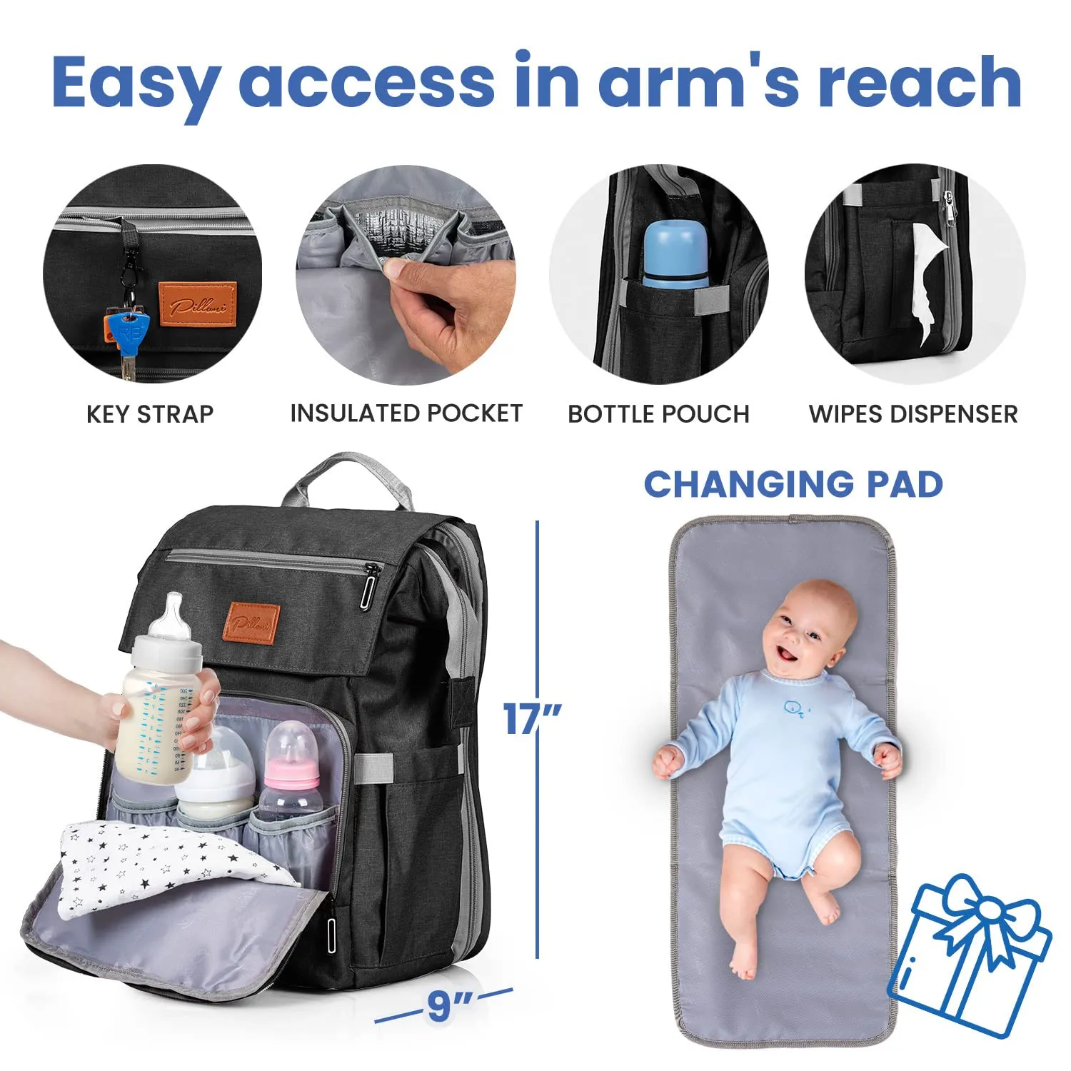 PILLANI Baby Diaper Bag Backpack - Baby Bag for Boys & Girls - Diaper Backpack - Large Travel Diaper Bags with Changing Pad - Baby Registry Search & Baby Shower Gifts - Newborn Essentials Must Haves