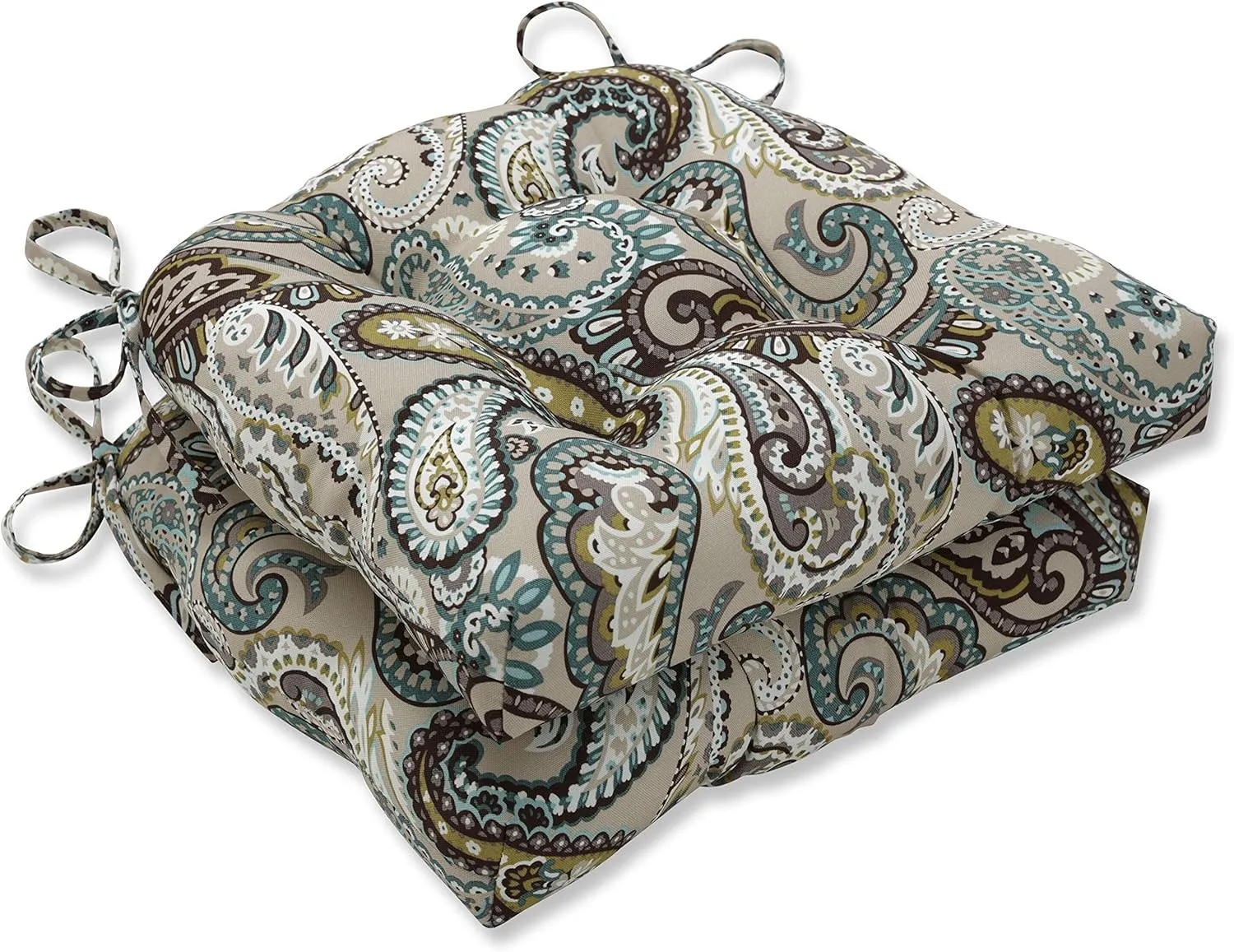 Pillow Perfect Paisley Indoor/Outdoor Chairpad with Ties, Reversible, Tufted, Weather, and Fade Resistant, 15.5" x 16", Blue/Brown Tamara Quartz, 2 Count