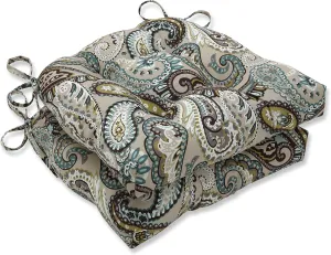 Pillow Perfect Paisley Indoor/Outdoor Chairpad with Ties, Reversible, Tufted, Weather, and Fade Resistant, 15.5" x 16", Blue/Brown Tamara Quartz, 2 Count
