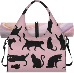Pink Black Cats Party Gym Bag Yoga Mat Tote for Women with Shoes Compartment Lightweight Duffle Travel Carrier Wet Dry Storage Pockets Adjustable Pilates Mats Shoulder Bags for Sport Swim