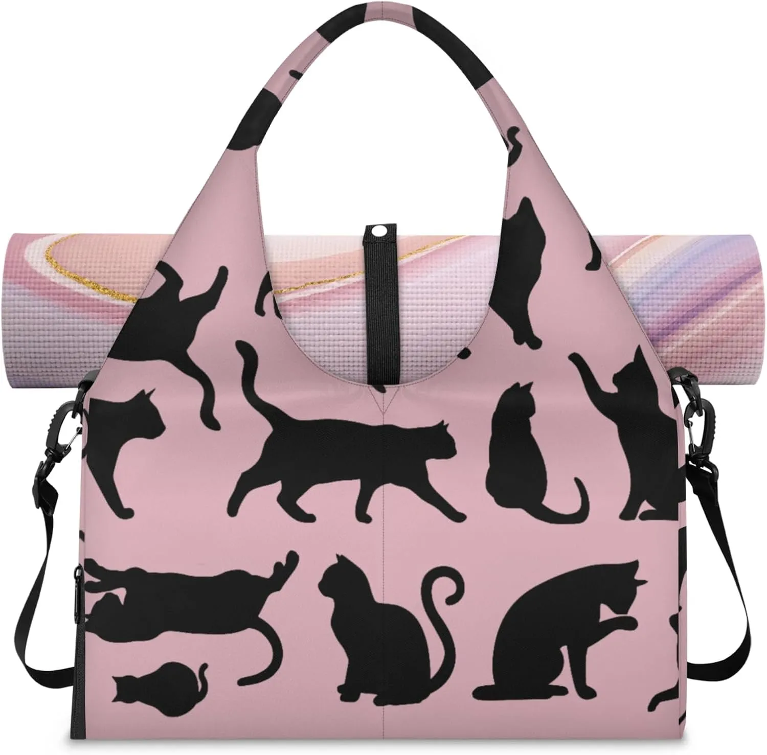 Pink Black Cats Party Gym Bag Yoga Mat Tote for Women with Shoes Compartment Lightweight Duffle Travel Carrier Wet Dry Storage Pockets Adjustable Pilates Mats Shoulder Bags for Sport Swim