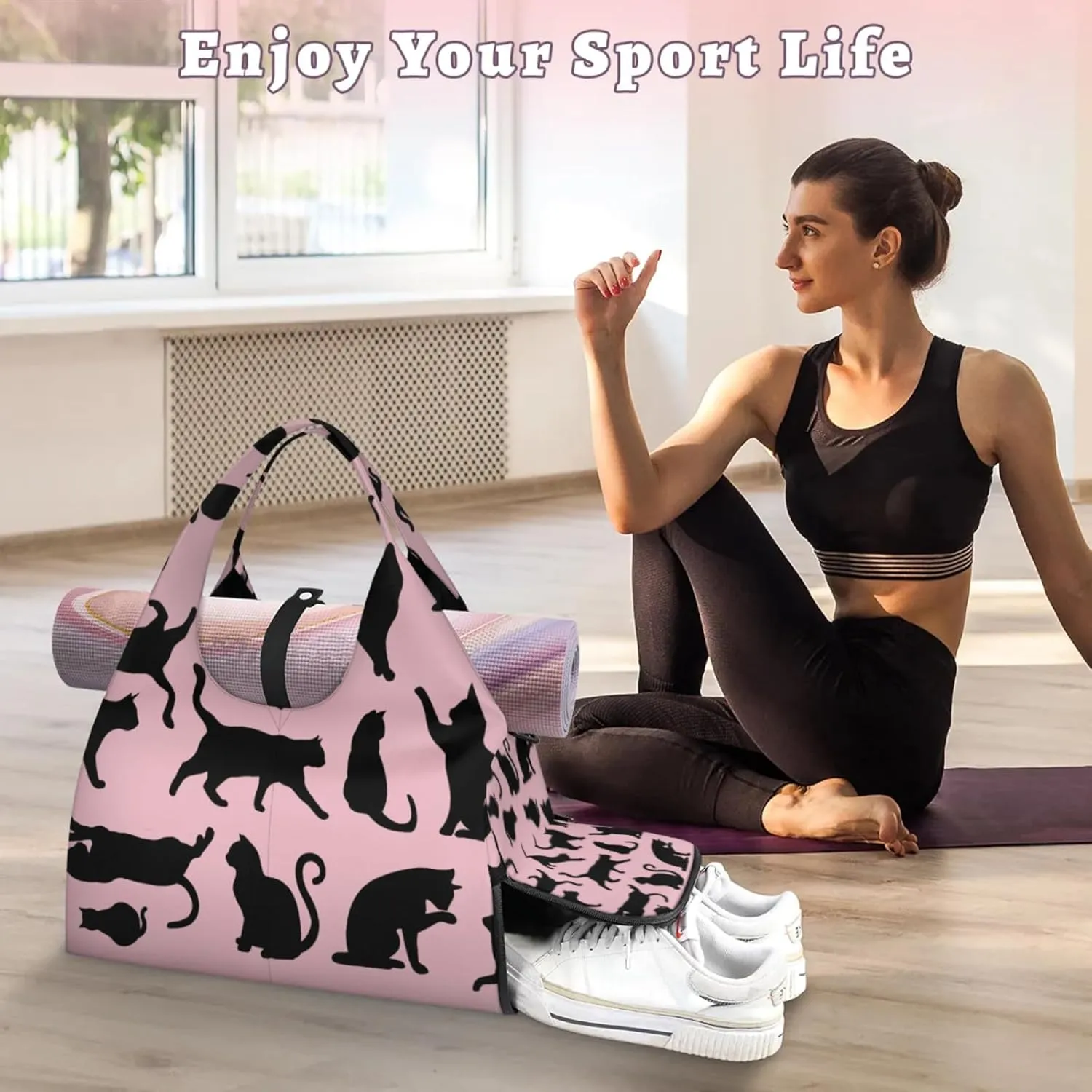 Pink Black Cats Party Gym Bag Yoga Mat Tote for Women with Shoes Compartment Lightweight Duffle Travel Carrier Wet Dry Storage Pockets Adjustable Pilates Mats Shoulder Bags for Sport Swim
