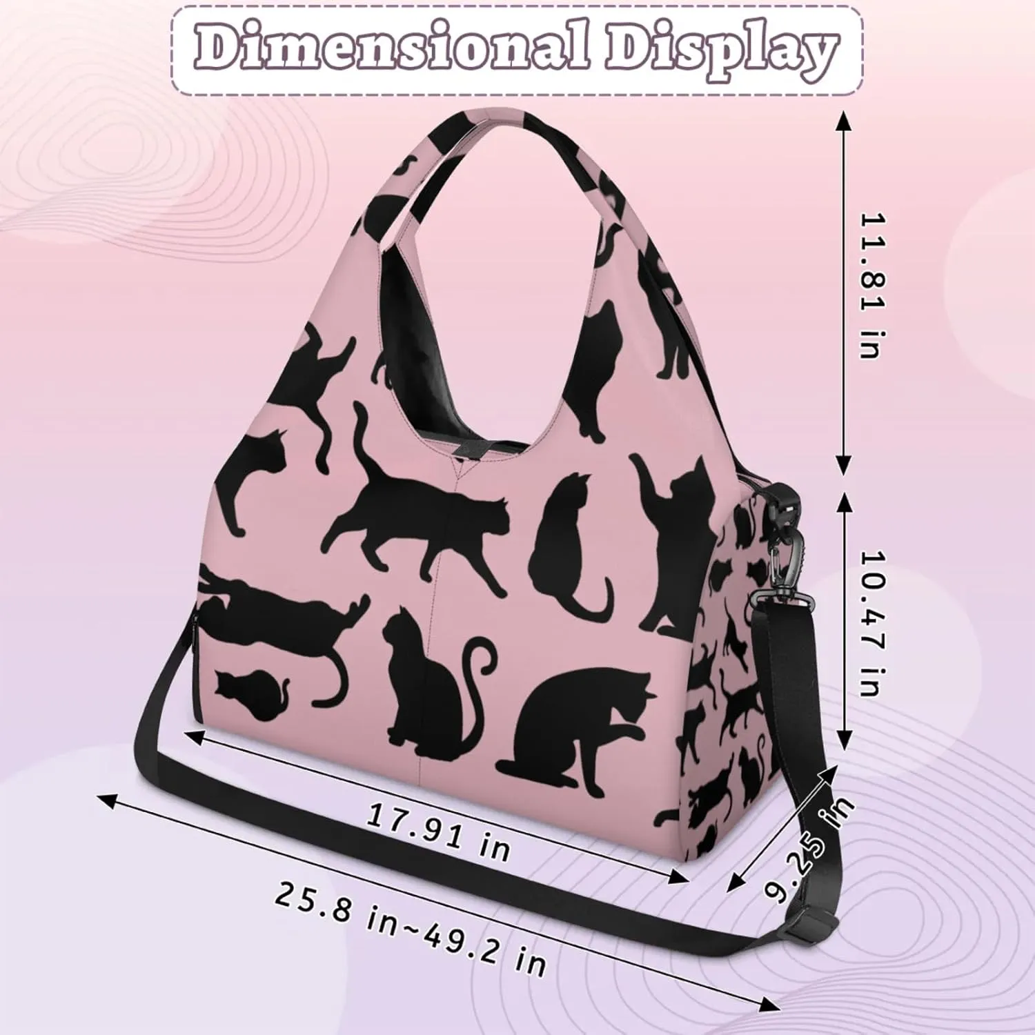 Pink Black Cats Party Gym Bag Yoga Mat Tote for Women with Shoes Compartment Lightweight Duffle Travel Carrier Wet Dry Storage Pockets Adjustable Pilates Mats Shoulder Bags for Sport Swim
