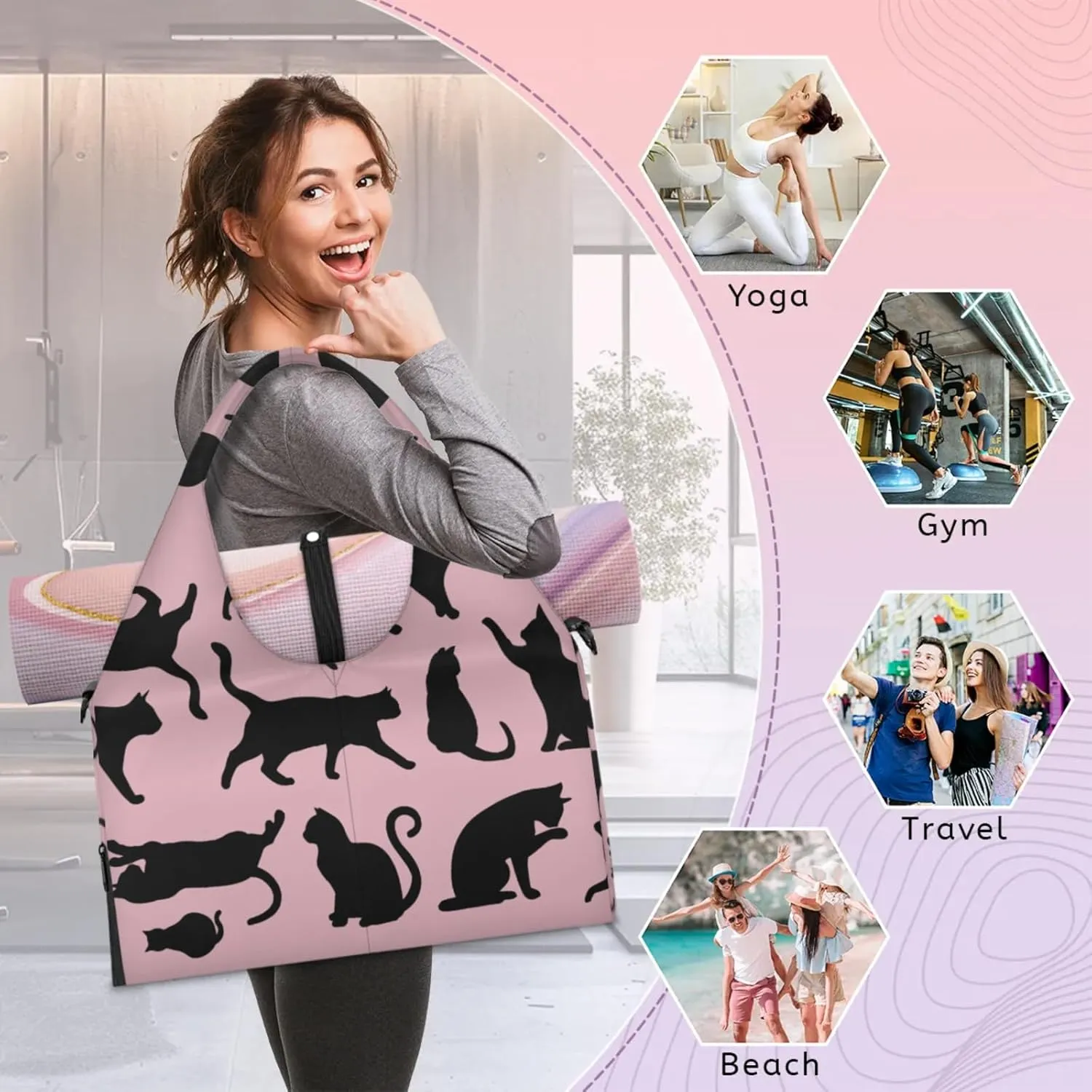 Pink Black Cats Party Gym Bag Yoga Mat Tote for Women with Shoes Compartment Lightweight Duffle Travel Carrier Wet Dry Storage Pockets Adjustable Pilates Mats Shoulder Bags for Sport Swim