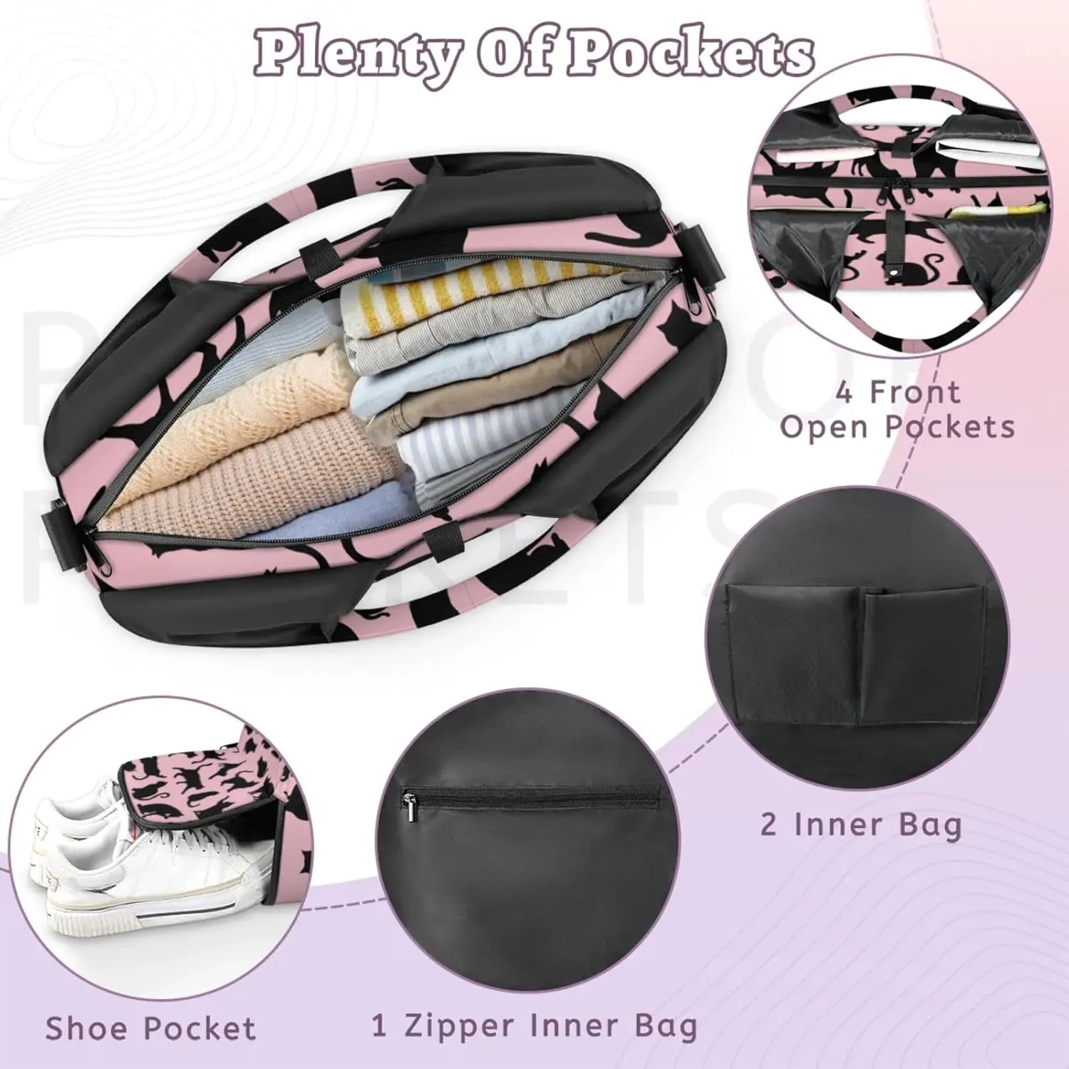 Pink Black Cats Party Gym Bag Yoga Mat Tote for Women with Shoes Compartment Lightweight Duffle Travel Carrier Wet Dry Storage Pockets Adjustable Pilates Mats Shoulder Bags for Sport Swim