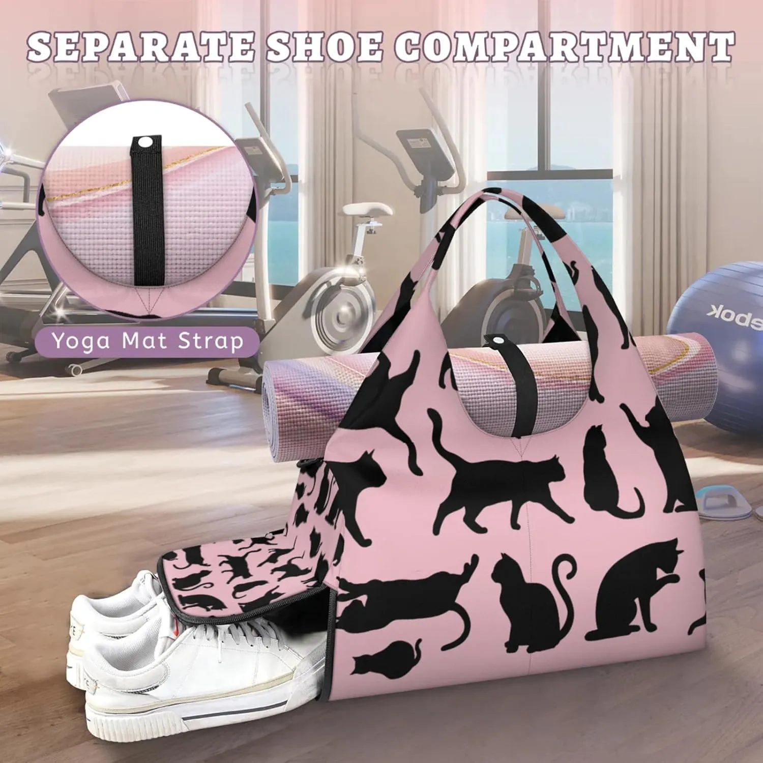 Pink Black Cats Party Gym Bag Yoga Mat Tote for Women with Shoes Compartment Lightweight Duffle Travel Carrier Wet Dry Storage Pockets Adjustable Pilates Mats Shoulder Bags for Sport Swim
