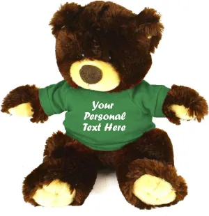 Plushland Chocolate Noah Teddy Bear 12 Inch, Stuffed Animal Personalized Gift - Custom Text on Shirt - Great Present for Mothers Day, Valentine Day, Graduation Day, Birthday (Kelly Green Shirt)