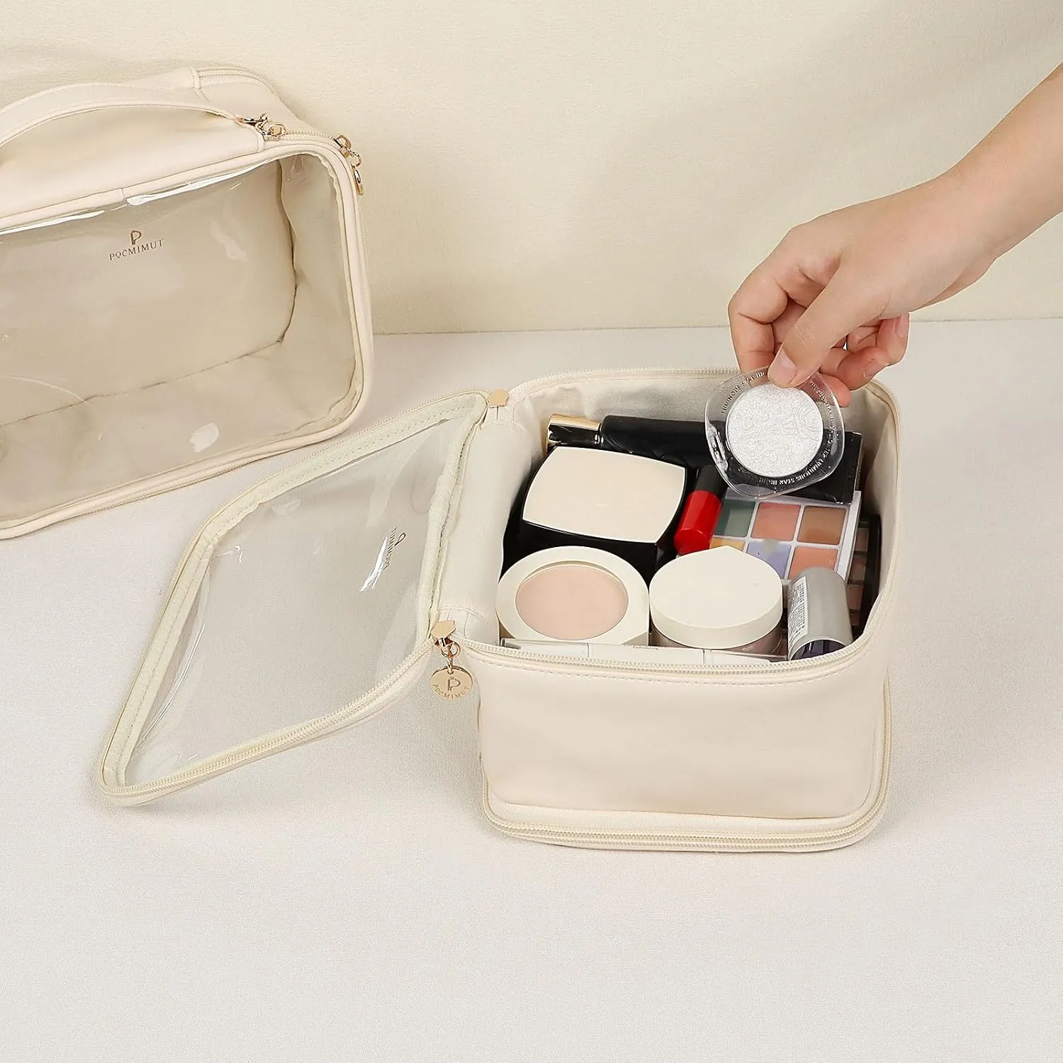 Pocmimut Makeup Bag,Large Clear Cosmetic Bags for Women,Travel Clear Makeup Bag for Makeup Brushes Toiletry Travel Essentials Organizers,Begie