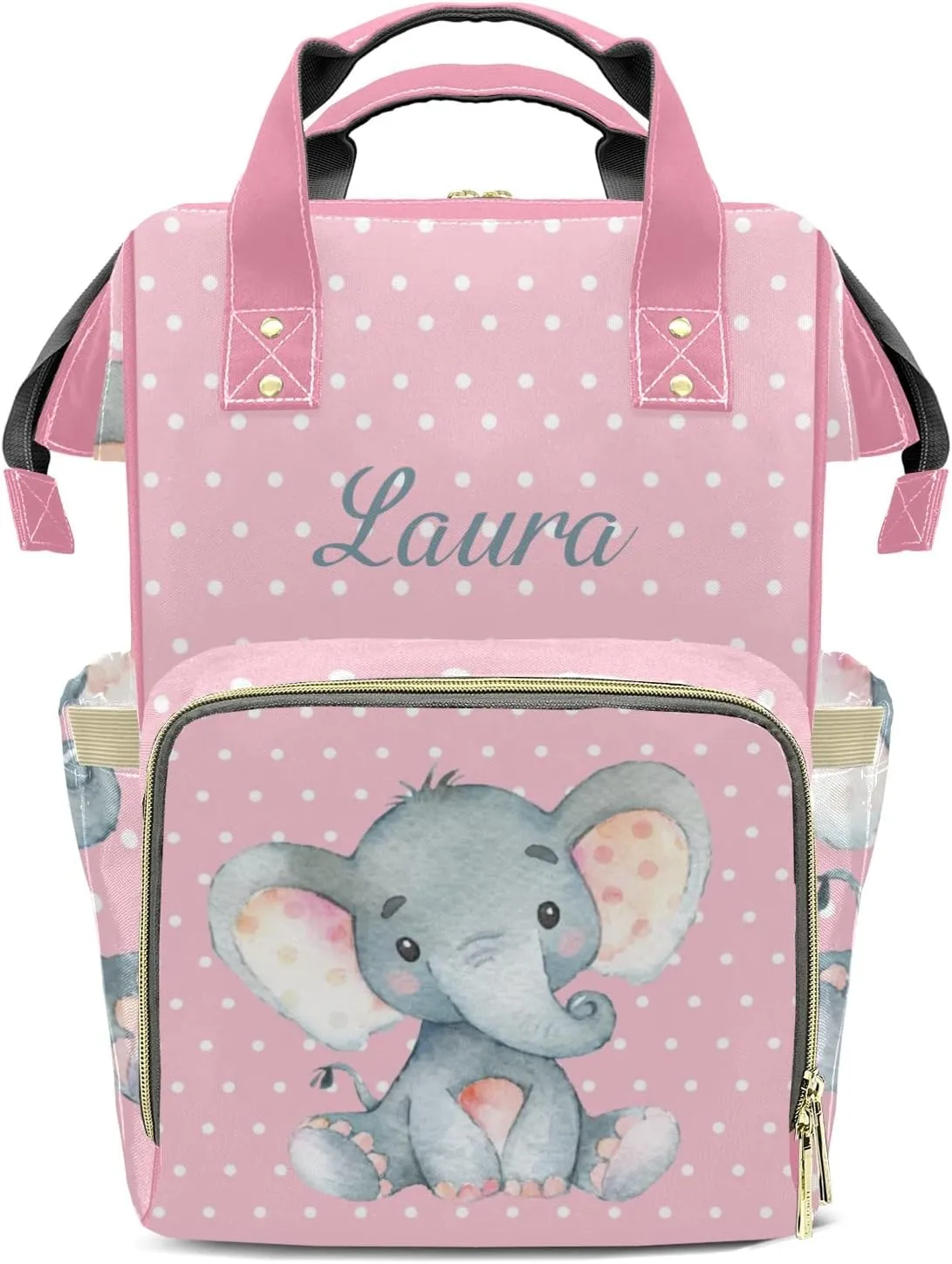 Polka Dot Elephant Pink Personalized Diaper Bags Waterproof Backpack Shoulder Daypack for Mother's Day Gifts