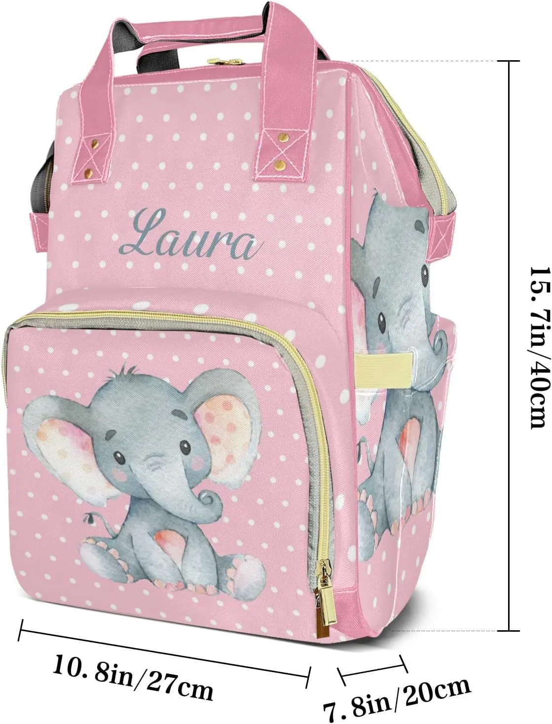 Polka Dot Elephant Pink Personalized Diaper Bags Waterproof Backpack Shoulder Daypack for Mother's Day Gifts