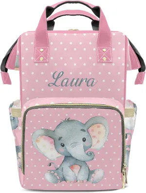 Polka Dot Elephant Pink Personalized Diaper Bags Waterproof Backpack Shoulder Daypack for Mother's Day Gifts