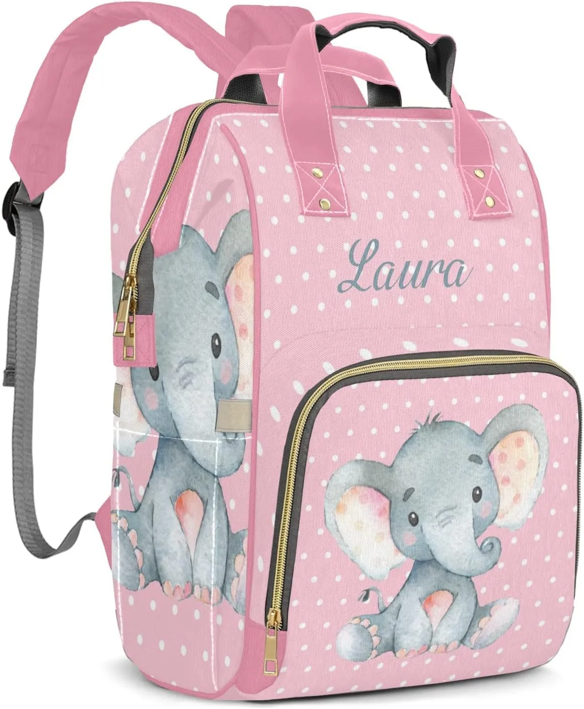 Polka Dot Elephant Pink Personalized Diaper Bags Waterproof Backpack Shoulder Daypack for Mother's Day Gifts