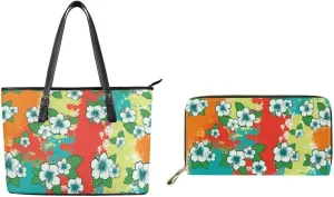 Polynesian Tote Bag Handbags Sets for Women 2Pcs Puletasi Samoan Tribal Large Capacity Wallet with Zipper Coin Purse