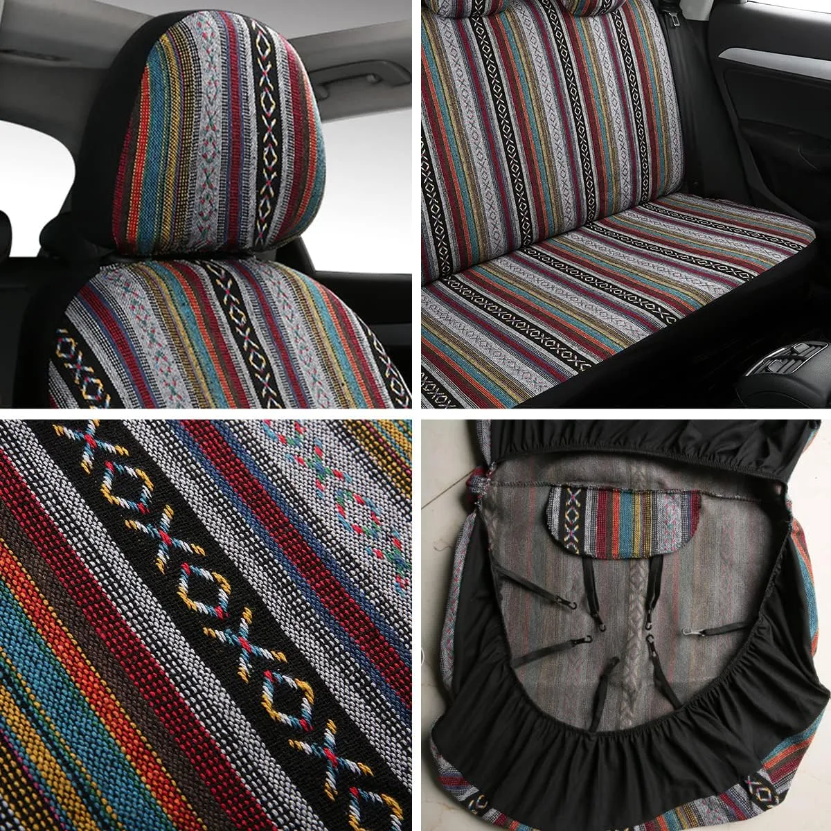 PONYJOYUP Baja Saddle Blanket Car Seat Covers 9PCS Full Set, Breathable and Washable Striped Woven Automotive Vehicle Seat Cover, Universal Seat Cover for Sedan, SUV, Truck, Airbag Compatible