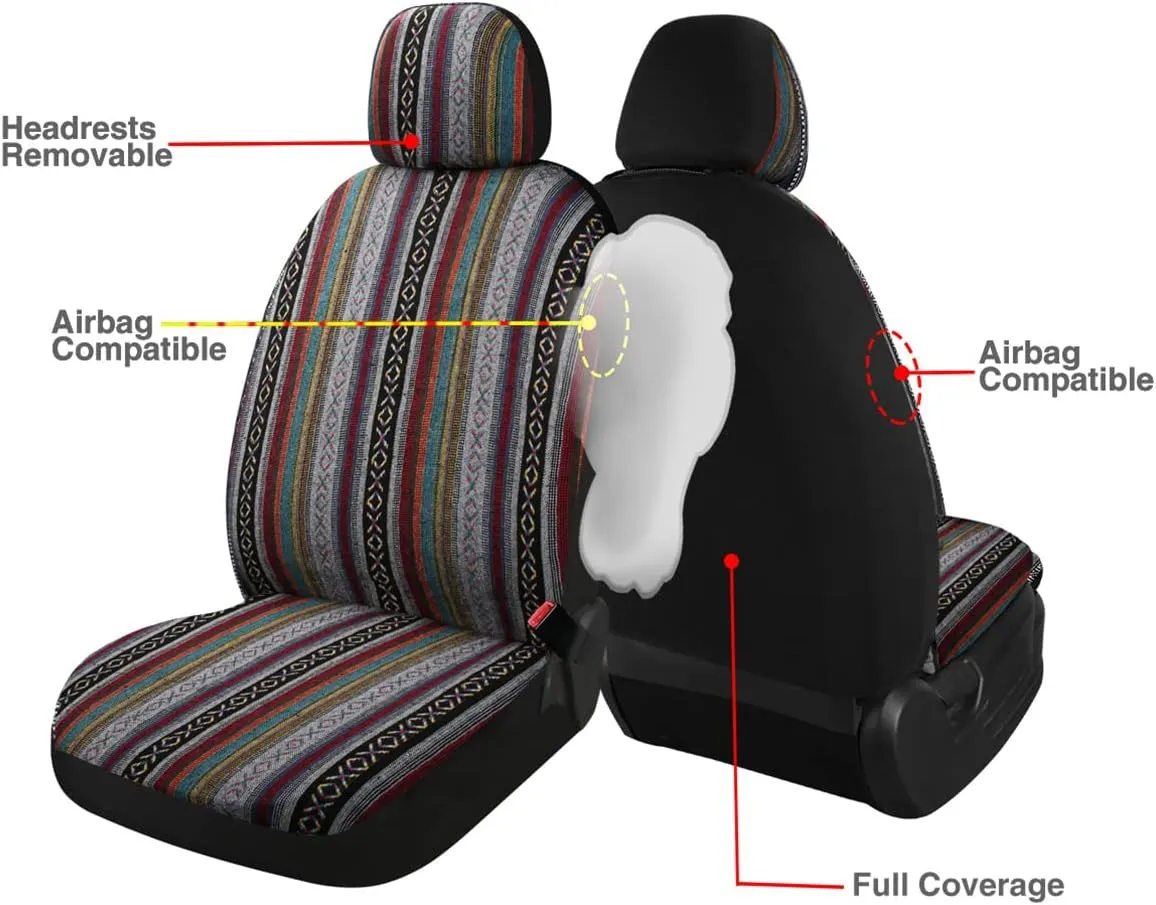 PONYJOYUP Baja Saddle Blanket Car Seat Covers 9PCS Full Set, Breathable and Washable Striped Woven Automotive Vehicle Seat Cover, Universal Seat Cover for Sedan, SUV, Truck, Airbag Compatible