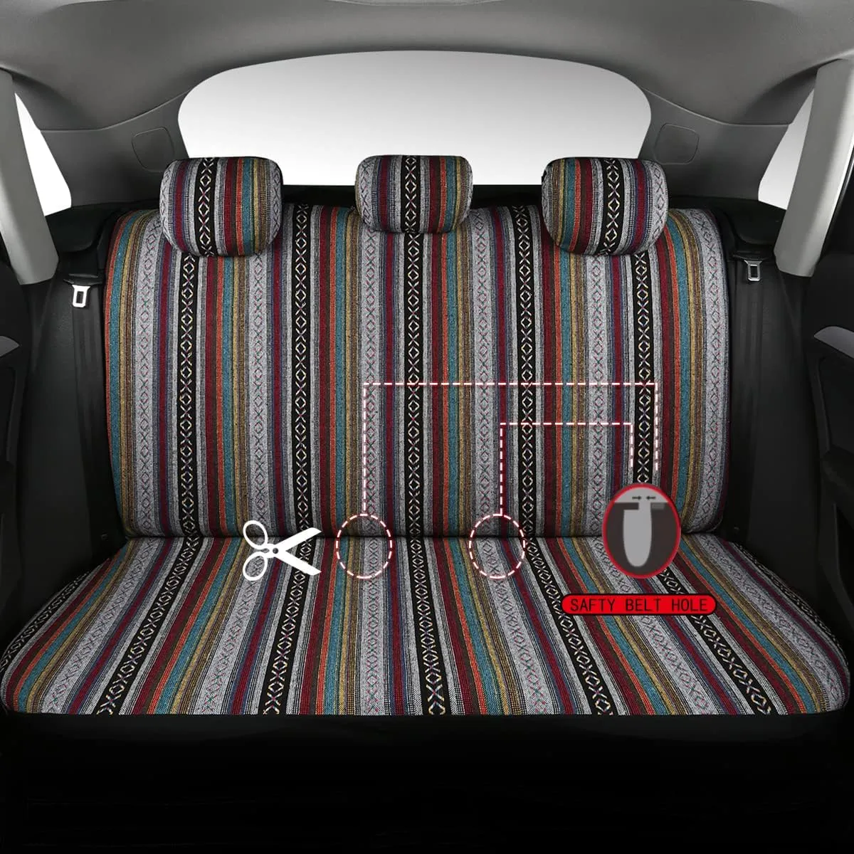 PONYJOYUP Baja Saddle Blanket Car Seat Covers 9PCS Full Set, Breathable and Washable Striped Woven Automotive Vehicle Seat Cover, Universal Seat Cover for Sedan, SUV, Truck, Airbag Compatible