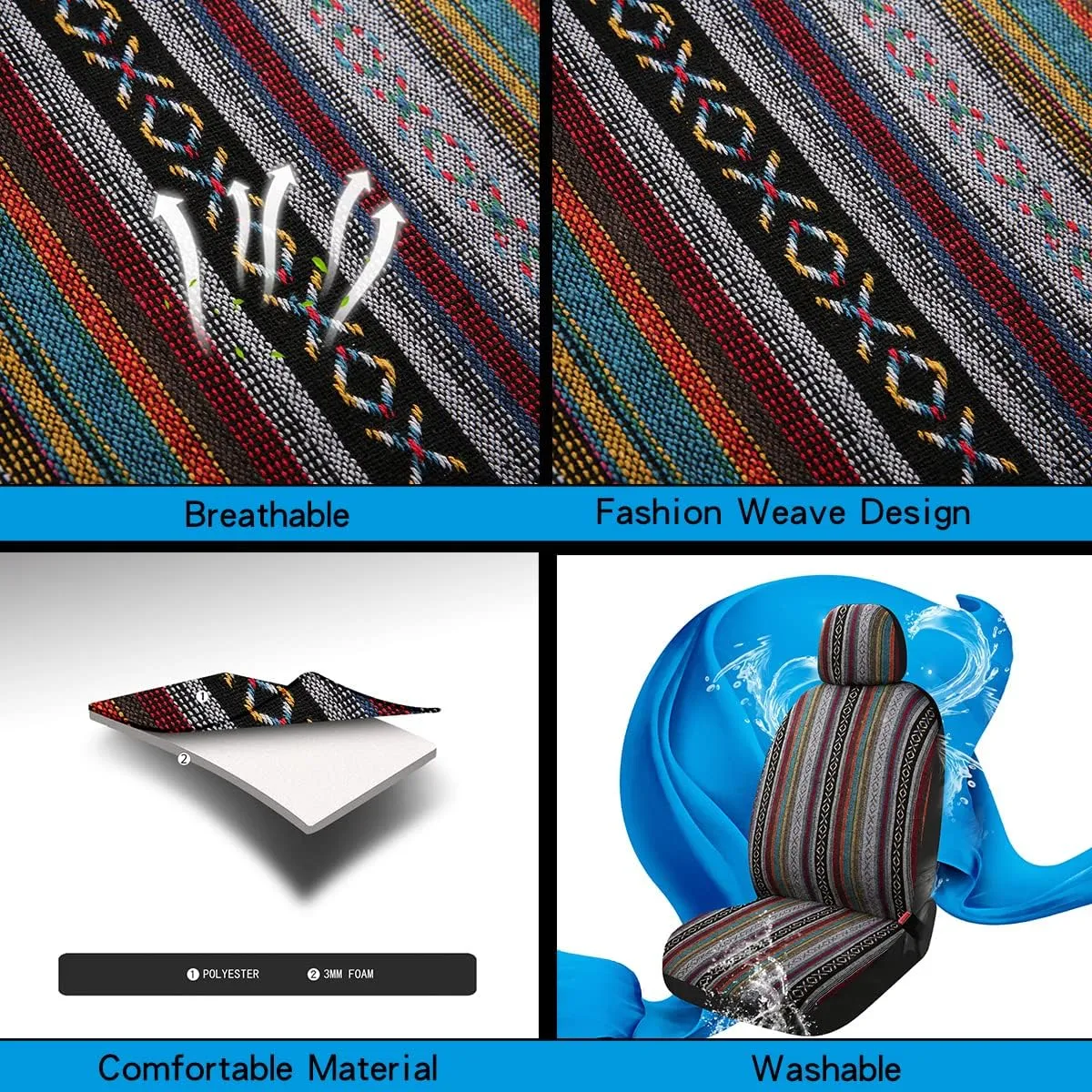 PONYJOYUP Baja Saddle Blanket Car Seat Covers 9PCS Full Set, Breathable and Washable Striped Woven Automotive Vehicle Seat Cover, Universal Seat Cover for Sedan, SUV, Truck, Airbag Compatible