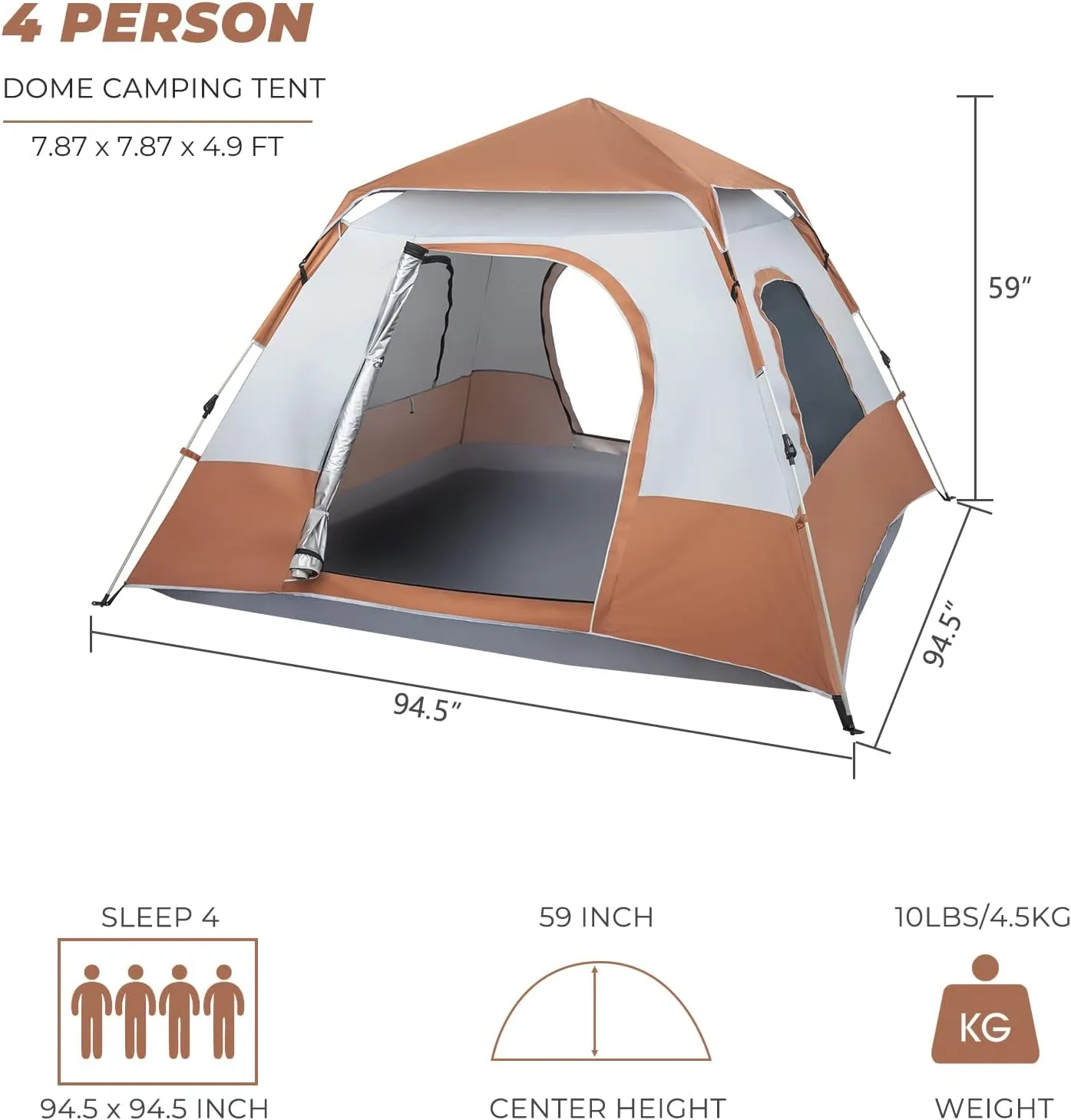 Pop-up Camping Tent 4 Person Tent Waterproof Instant Easy Setup Family Tent