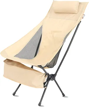 Portable Camping Chair Outdoor Folding Deck Chairs with Headrest, High-Back Fishing Chair Casual Rocking Chair for Sports Picnic Beach Hiking (A Beige)