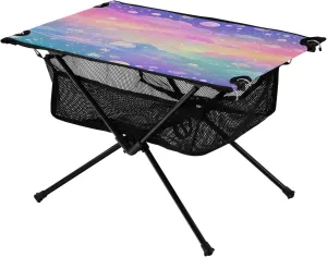 Portable Camping Table Foldable with Mesh Storage Lightweight Compact Camp Tent Side Table for Outside,Camping,Hiking,Tailgating,Dreamy Sky