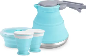 Portable Collapsible Camping Kettle, 1.5L/ 52OZ Foldable Silicon Coffee Pot for Outdoor Camping, Hiking, Traveling, with 1 Collapsible Bowl and 2 Collapsible Cups, Excellent Gift