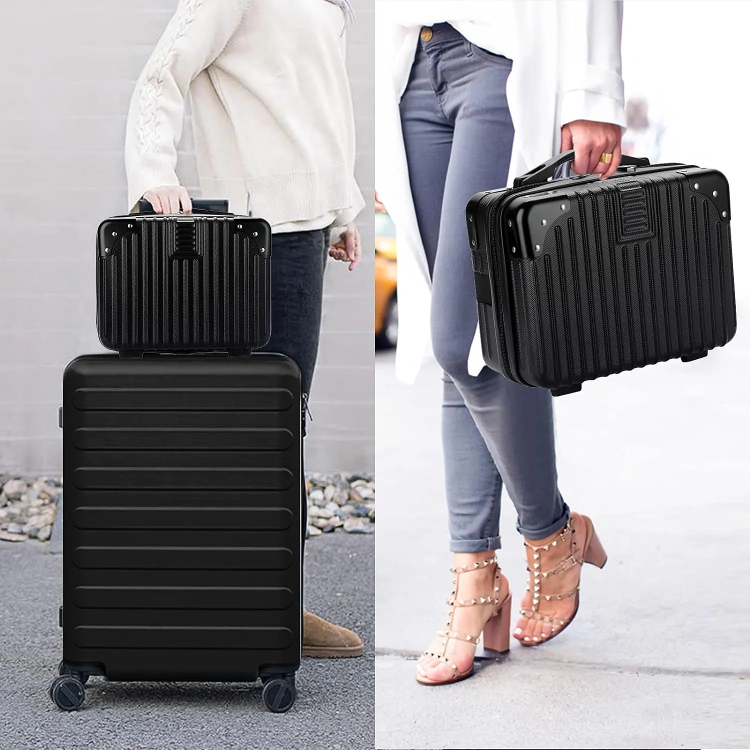 Portable Hard Shell Cosmetic Travel Case, Small Travel Hand Luggage with Elastic Band, Mini ABS Carrying Makeup Case Suitcase, Black
