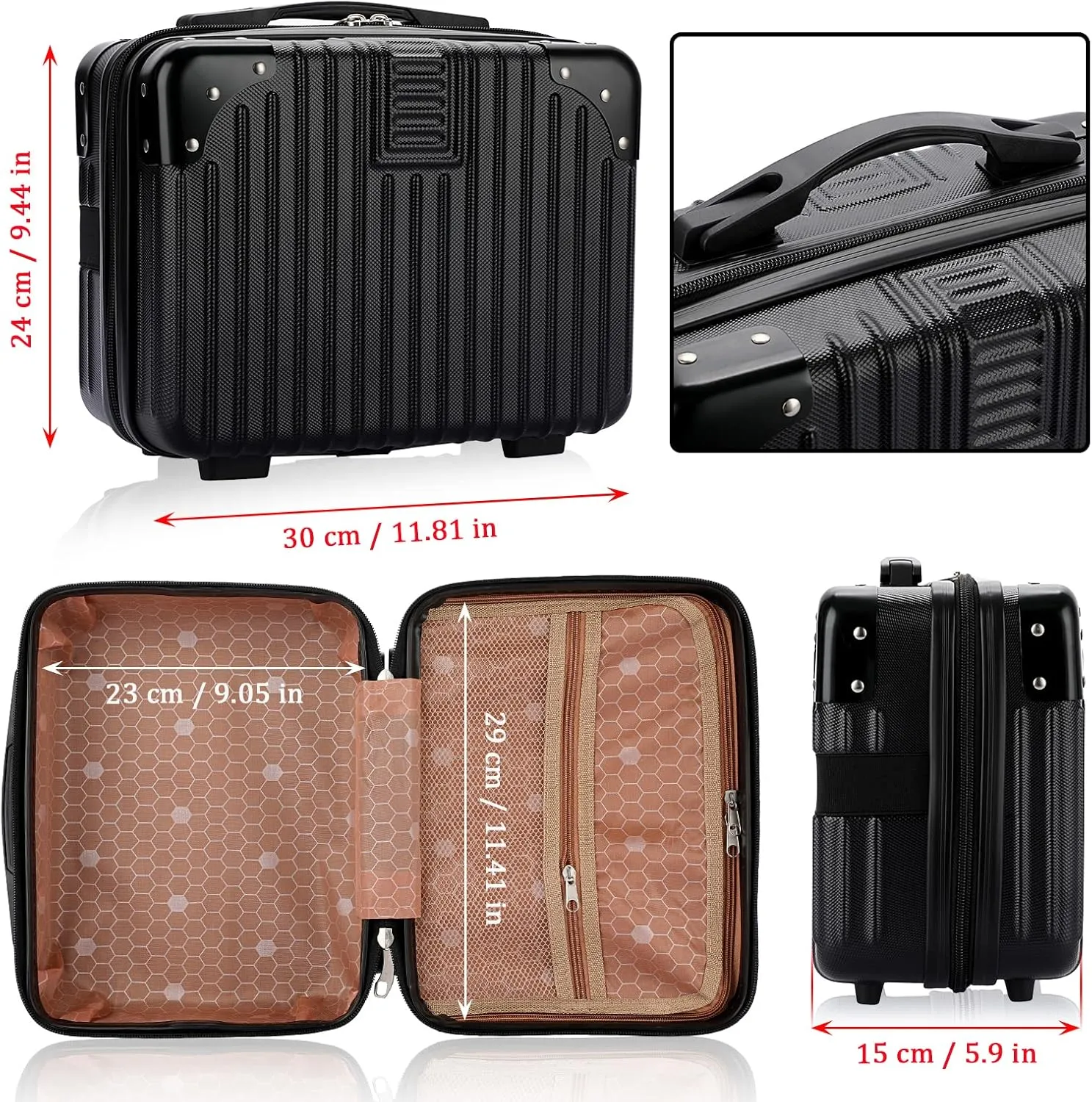 Portable Hard Shell Cosmetic Travel Case, Small Travel Hand Luggage with Elastic Band, Mini ABS Carrying Makeup Case Suitcase, Black