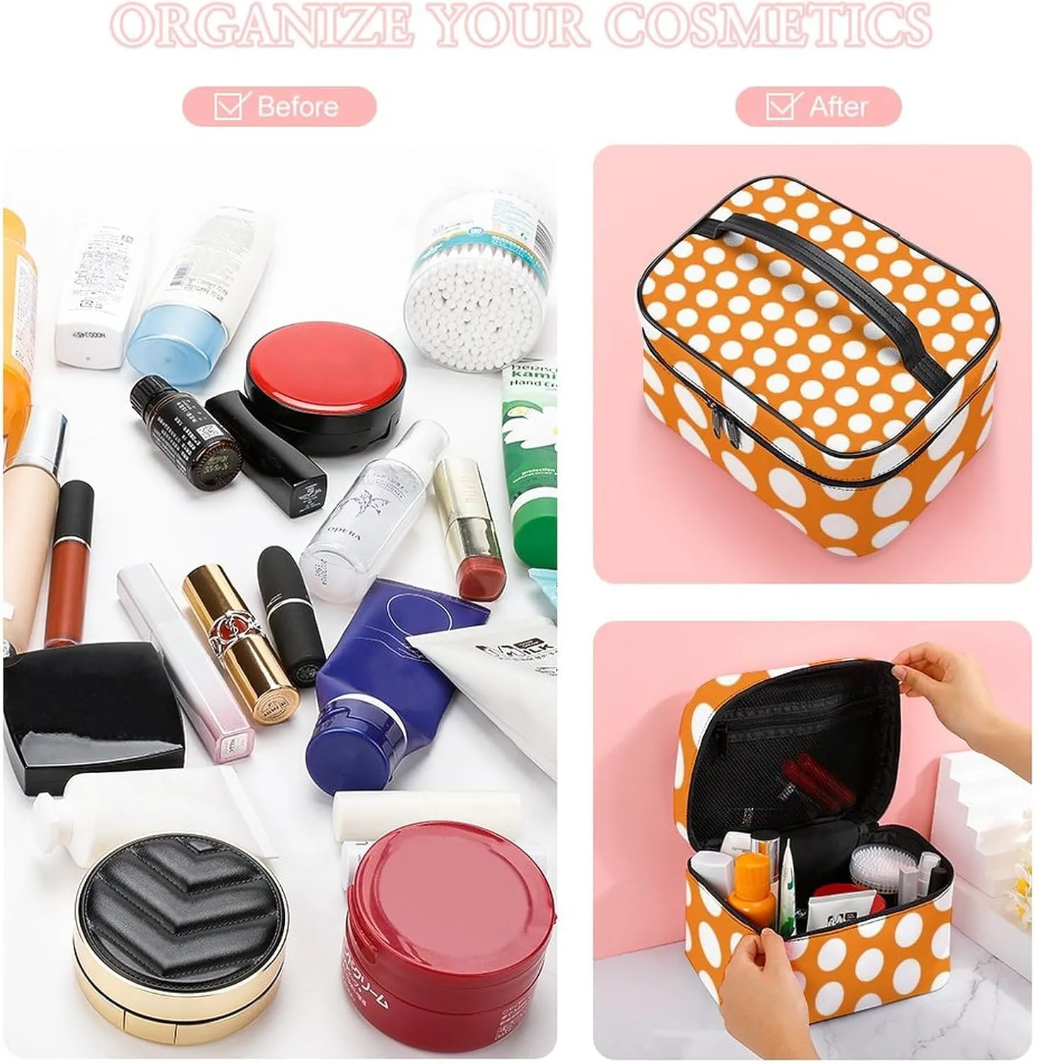Portable Makeup Bag Travel Cosmetic Case, Bright Orange White Polka Dot Zipper Pouch Cosmetic Bag with Handle Toiletry Bag for Women Girls