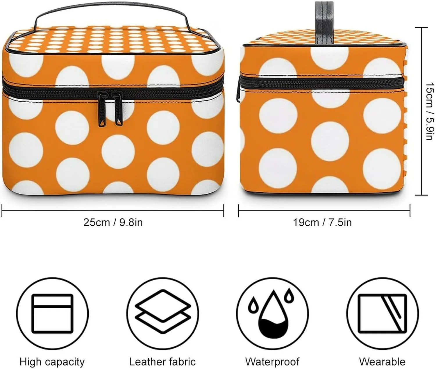 Portable Makeup Bag Travel Cosmetic Case, Bright Orange White Polka Dot Zipper Pouch Cosmetic Bag with Handle Toiletry Bag for Women Girls