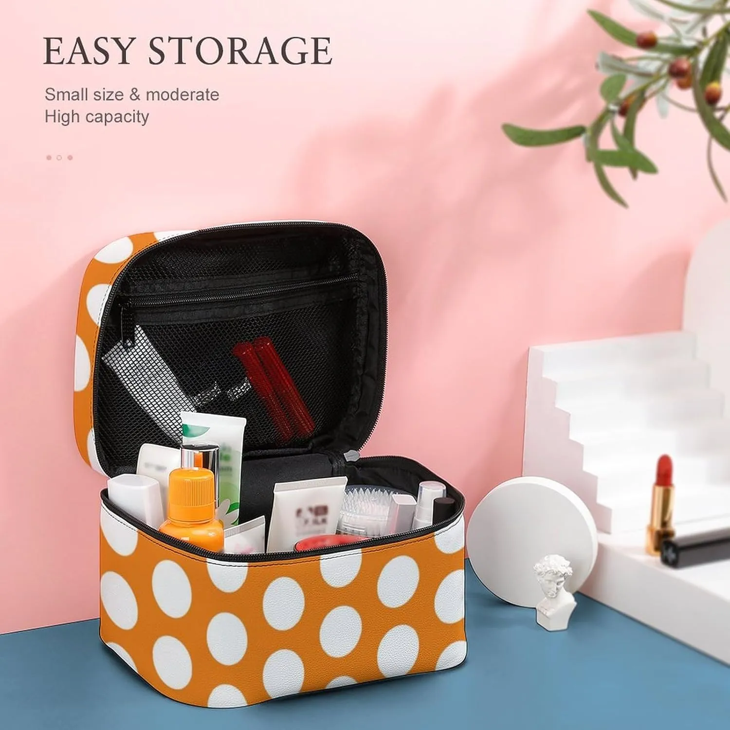 Portable Makeup Bag Travel Cosmetic Case, Bright Orange White Polka Dot Zipper Pouch Cosmetic Bag with Handle Toiletry Bag for Women Girls