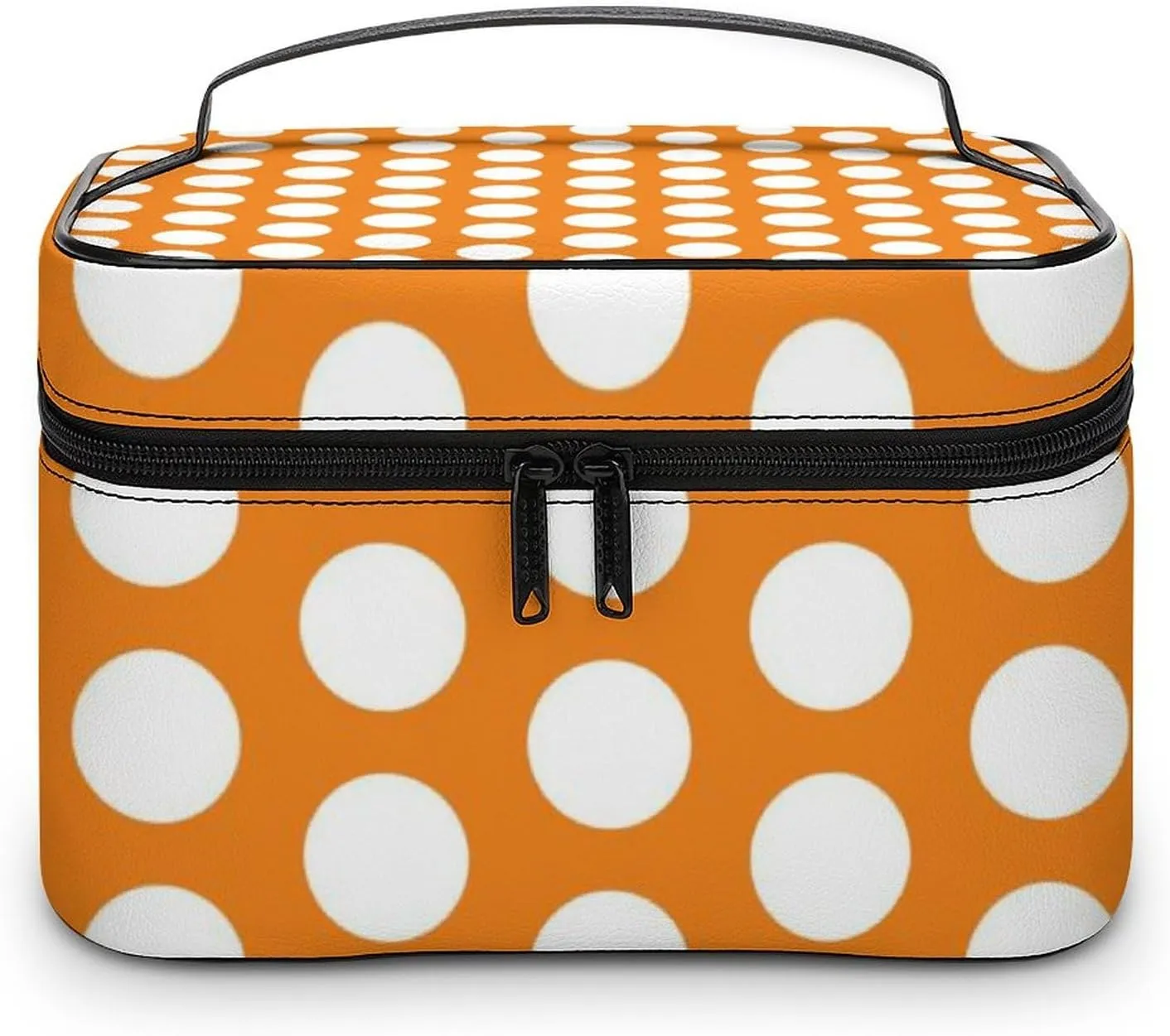 Portable Makeup Bag Travel Cosmetic Case, Bright Orange White Polka Dot Zipper Pouch Cosmetic Bag with Handle Toiletry Bag for Women Girls